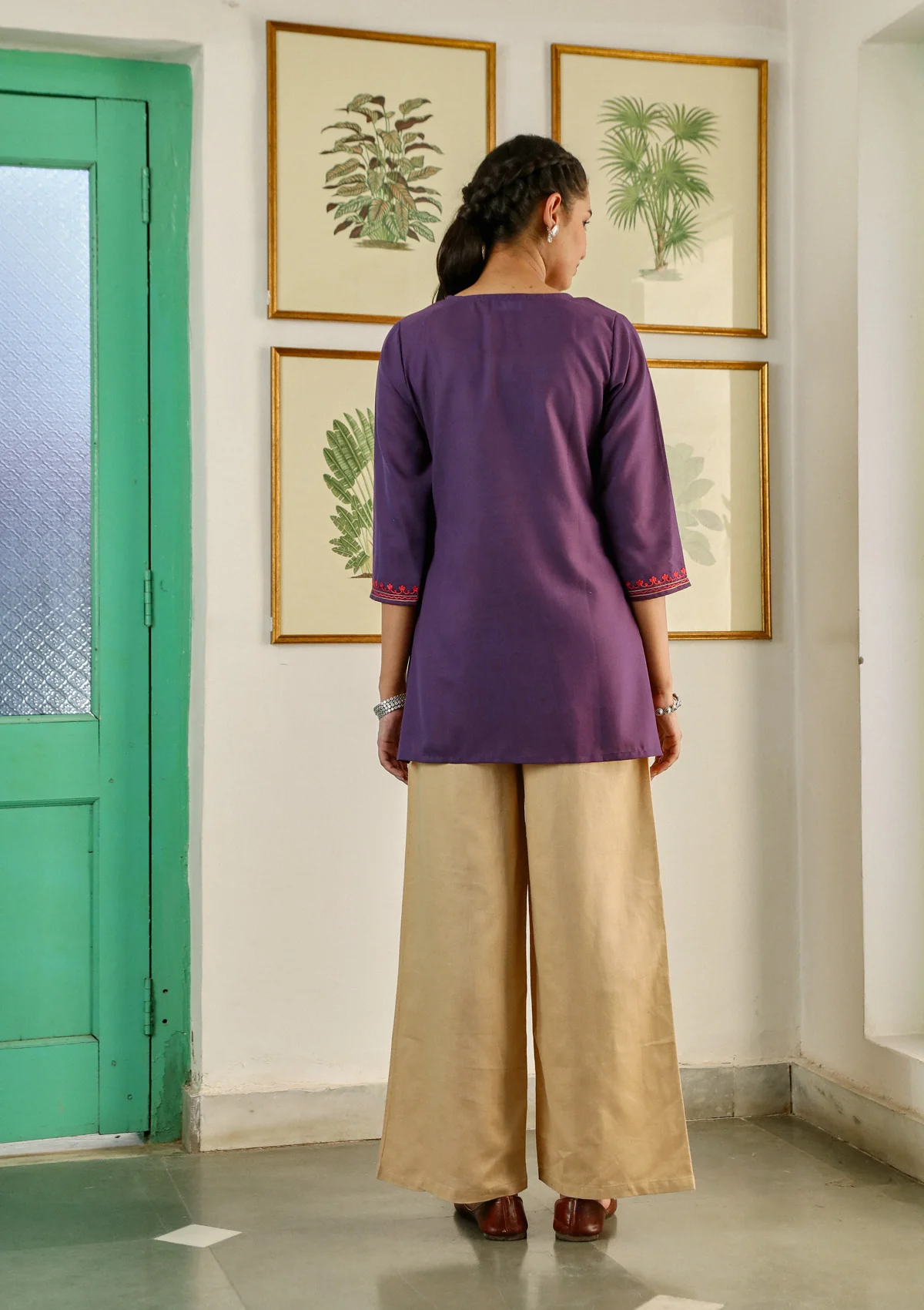 HOC Aari Embroidered Cotton Solid Women's Short Kurta -Purple - Healthber