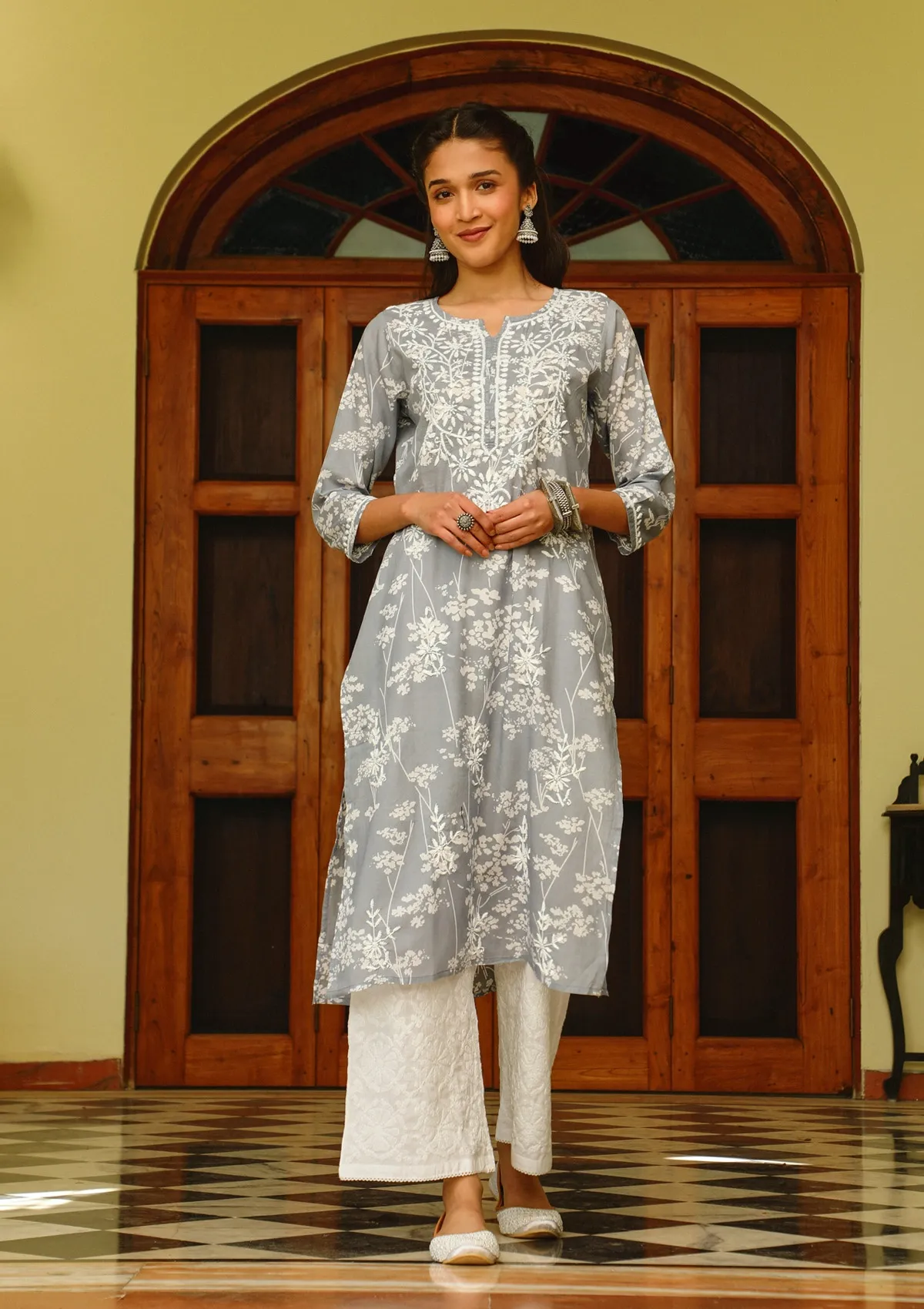 HOC Zainab Chikankari Mulmul Printed Straight Kurta -Grey - Healthber