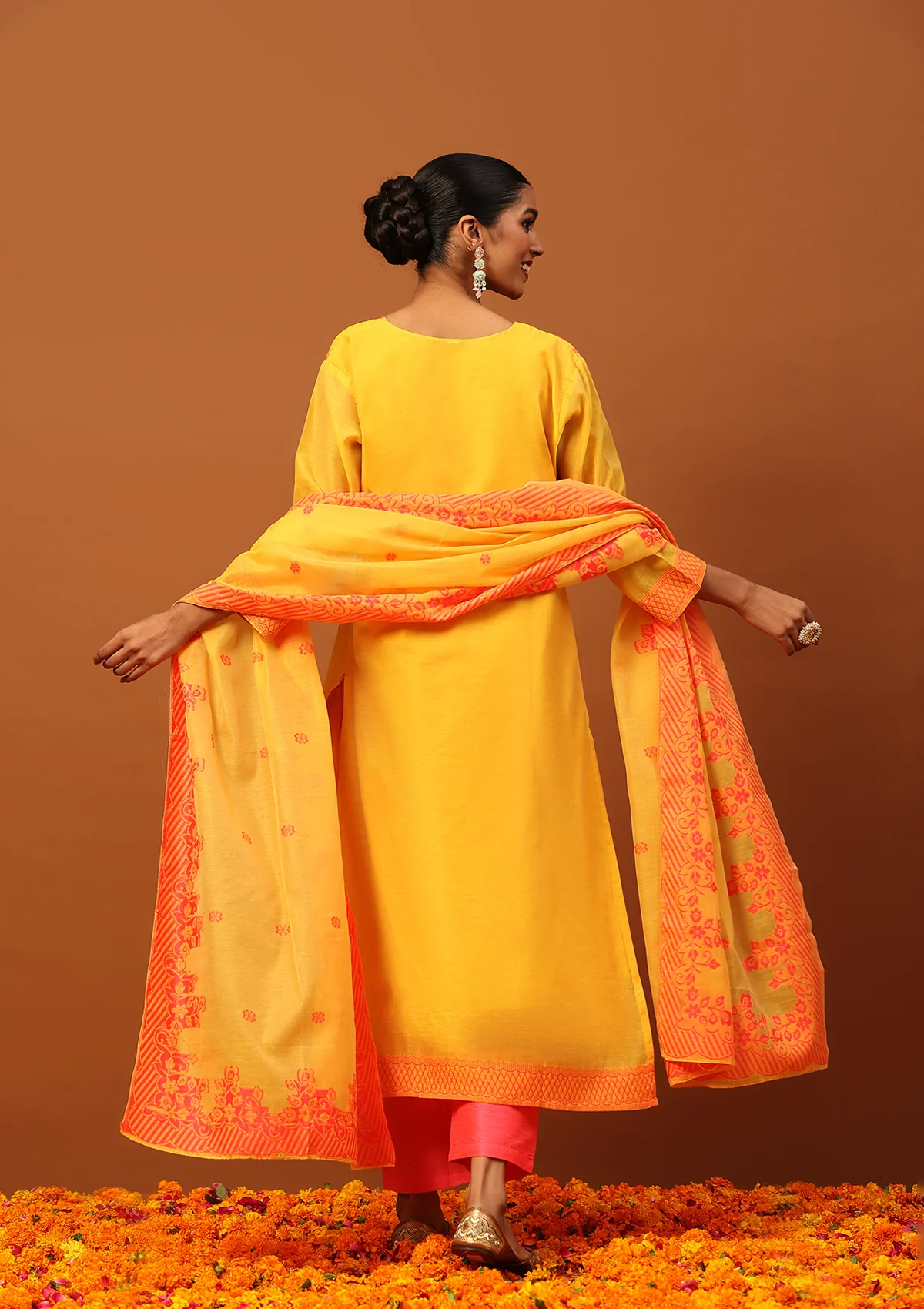 HOC Banarasi Chanderi Hand Weave Women's 3PC Long Kurta Set -Mustard - Healthber