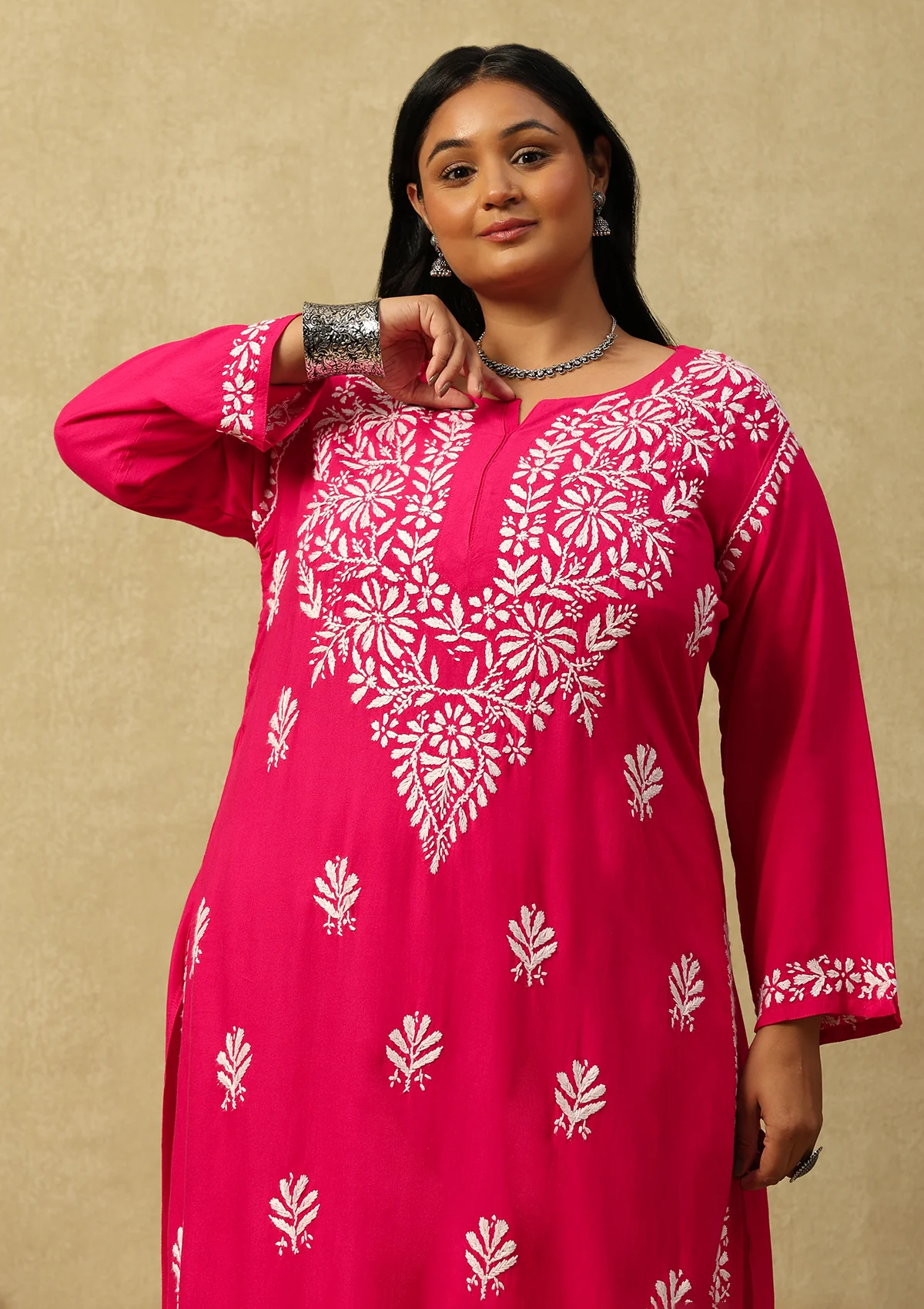 HOC Rayon Chikankari Solid Women's 2 PC Long Kurta Set-Dark Pink - Healthber