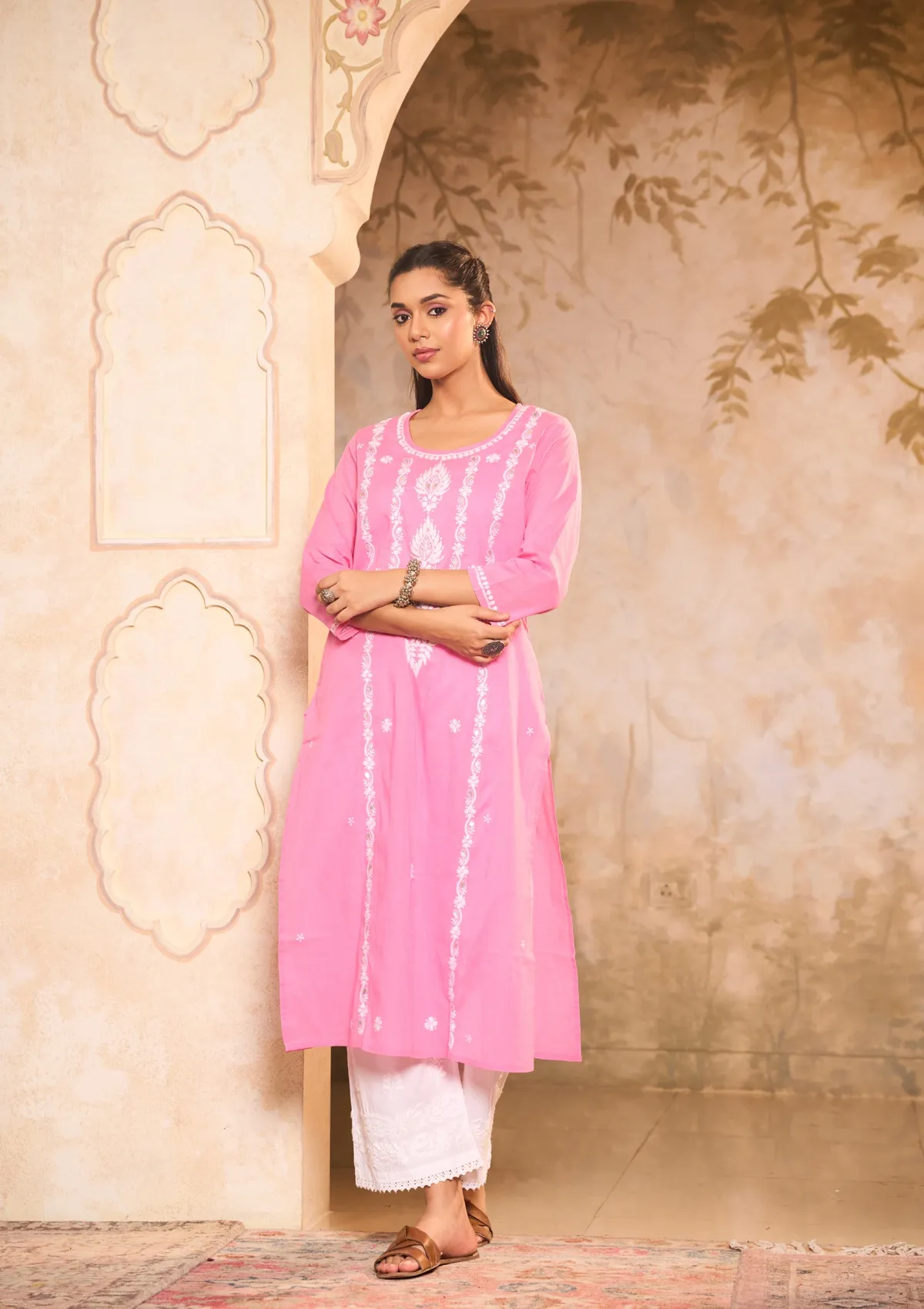HOC Cotton Chikankari Gota Work Solid Women's Long Kurta -Pink - Healthber