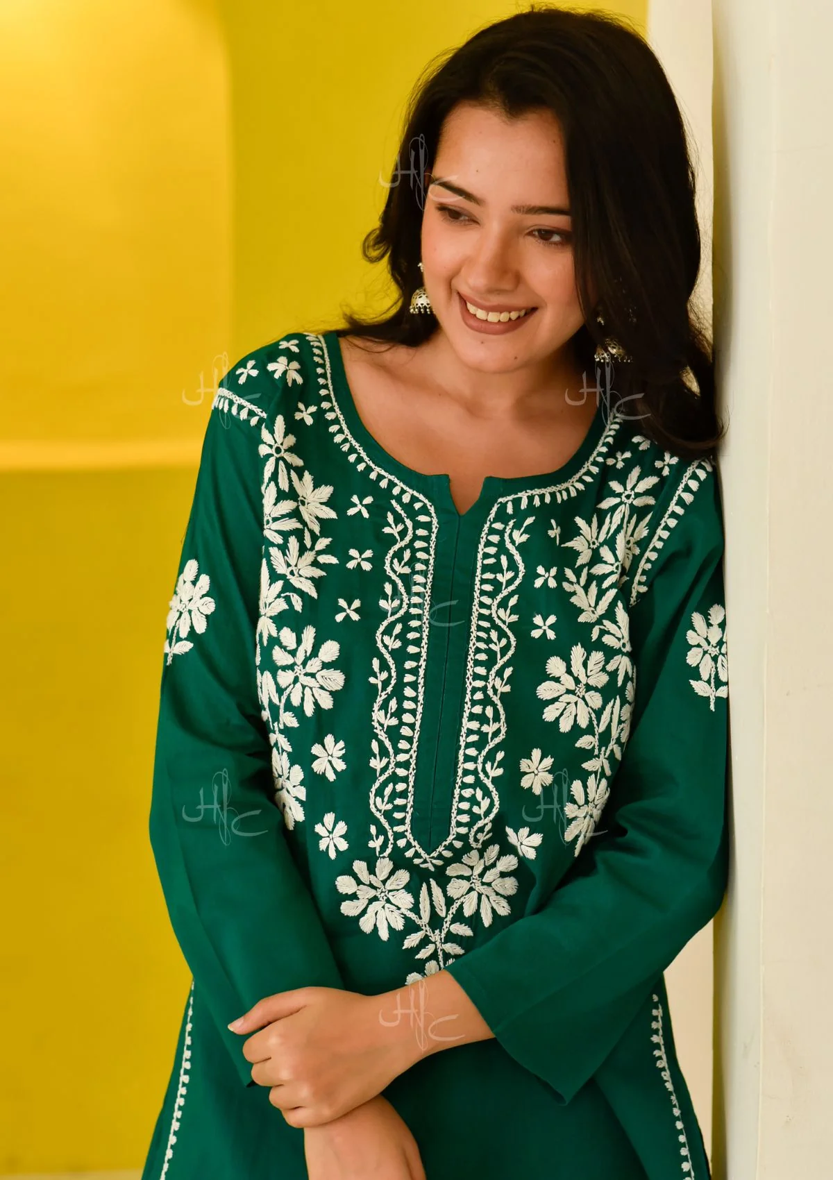 HOC Juhaina Chikankari Cotton Straight Set (Teal Green) - Healthber