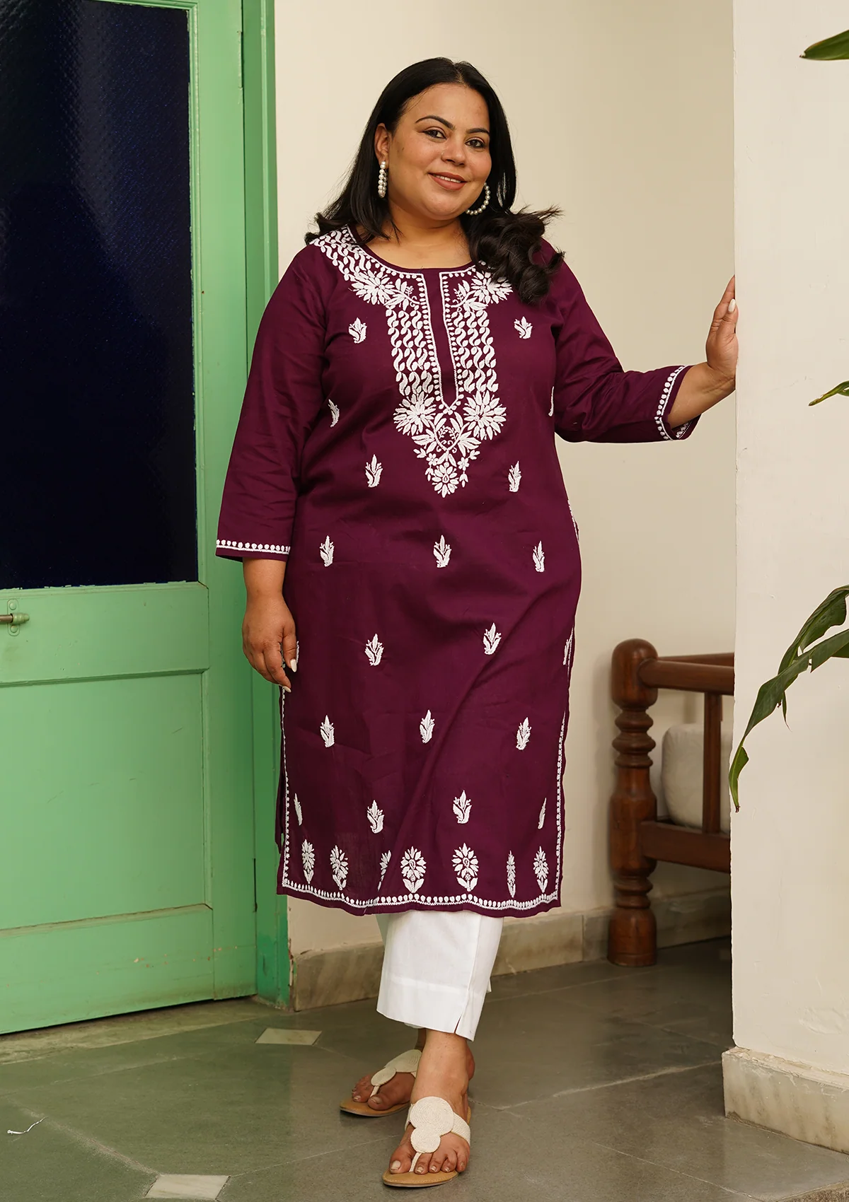 HOC Cotton Chikankari Solid Women's Long Kurta  - Dark Purple - Healthber