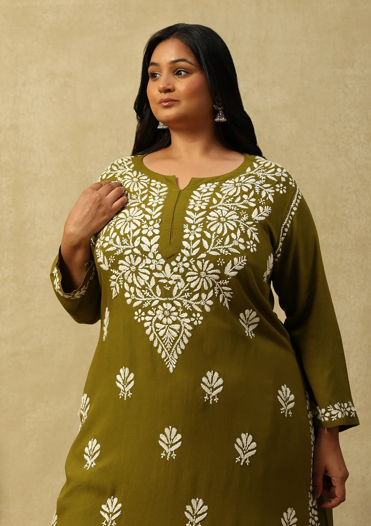 HOC Rayon Chikankari Solid Women's 2 PC Long Kurta Set-Olive Green - Healthber