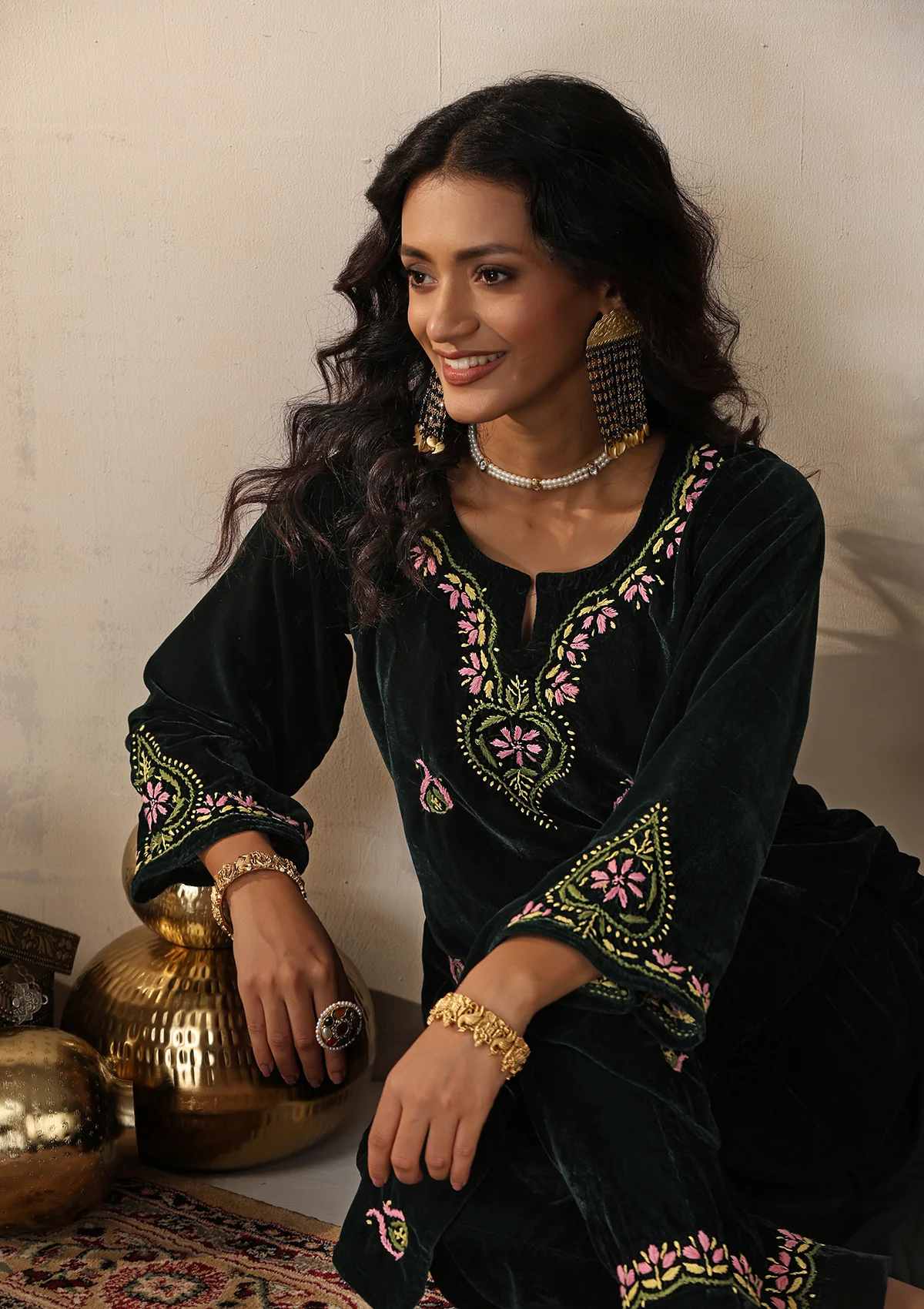 HOC Velvet Chikankari Solid Women's 2 PC Long Kurta Set - Green - Healthber