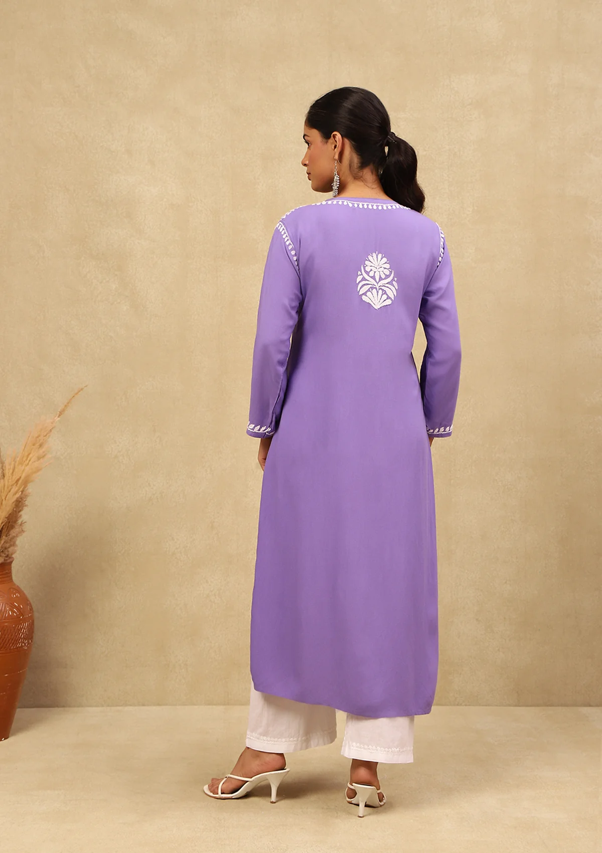 HOC Rayon Chikankari Solid Women's Long Kurta -Lavender - Healthber