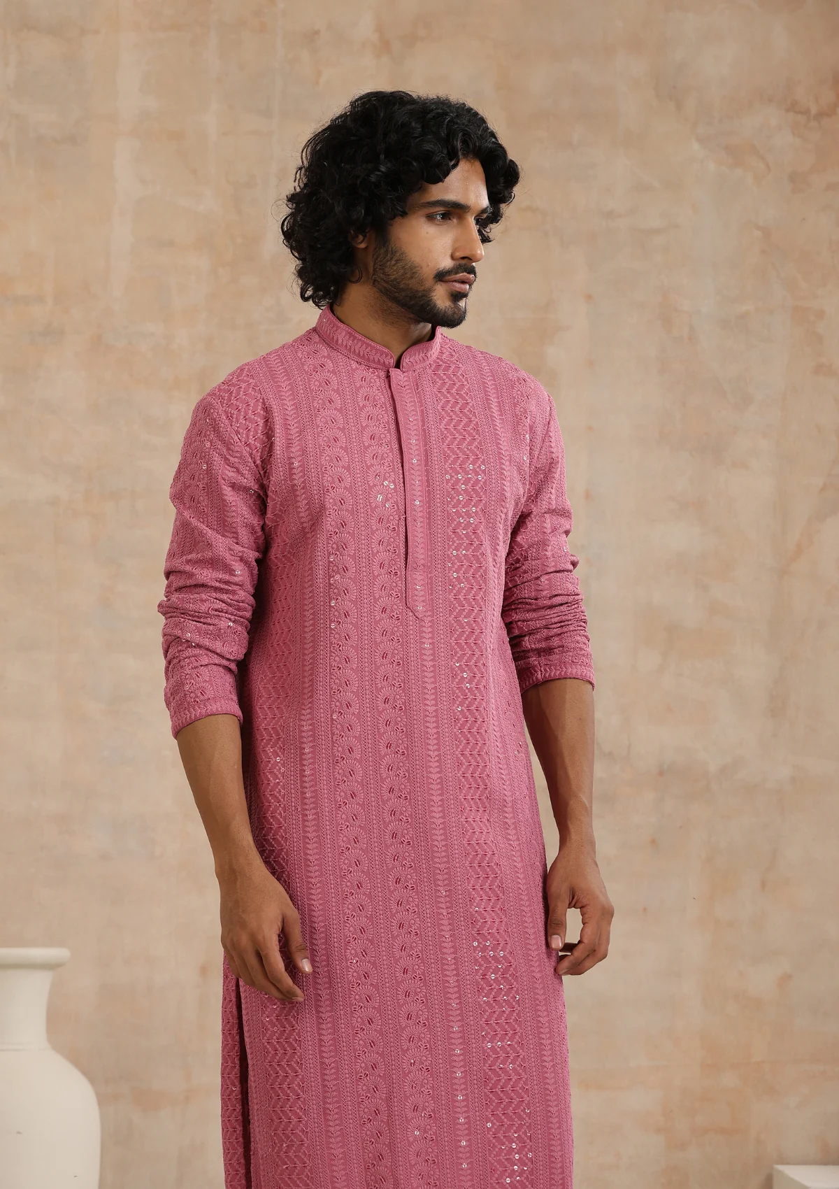 HOC Rayon Schiffli Solid Men's Long Kurta- Muave - Healthber
