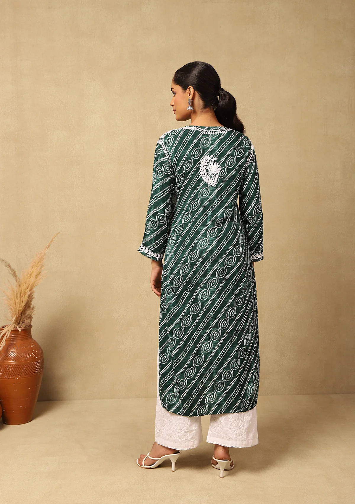 HOC Rayon Chikankari Bandhani Printed Women's Long Kurta-Green - Healthber