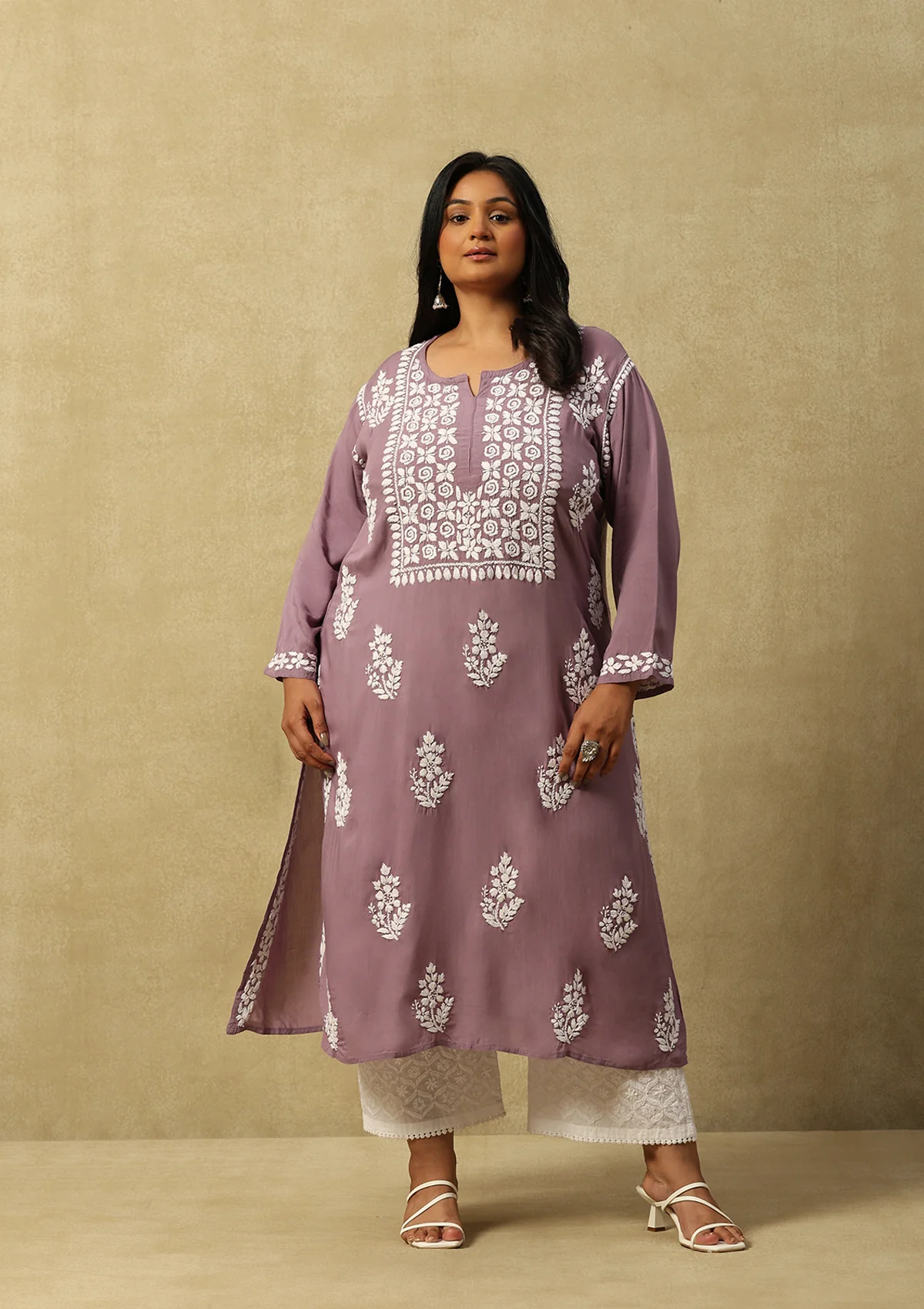 HOC Modal Chikankari Solid Women's Long Kurta -Mauve - Healthber