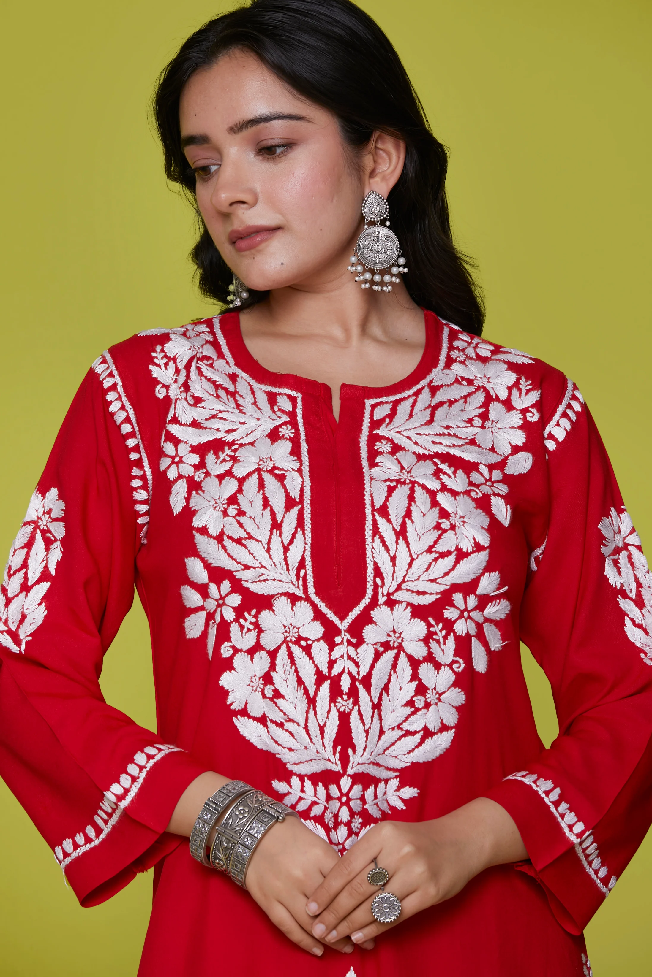 Rayon Chikankari Solid Women's Long Kurta - Red - Healthber