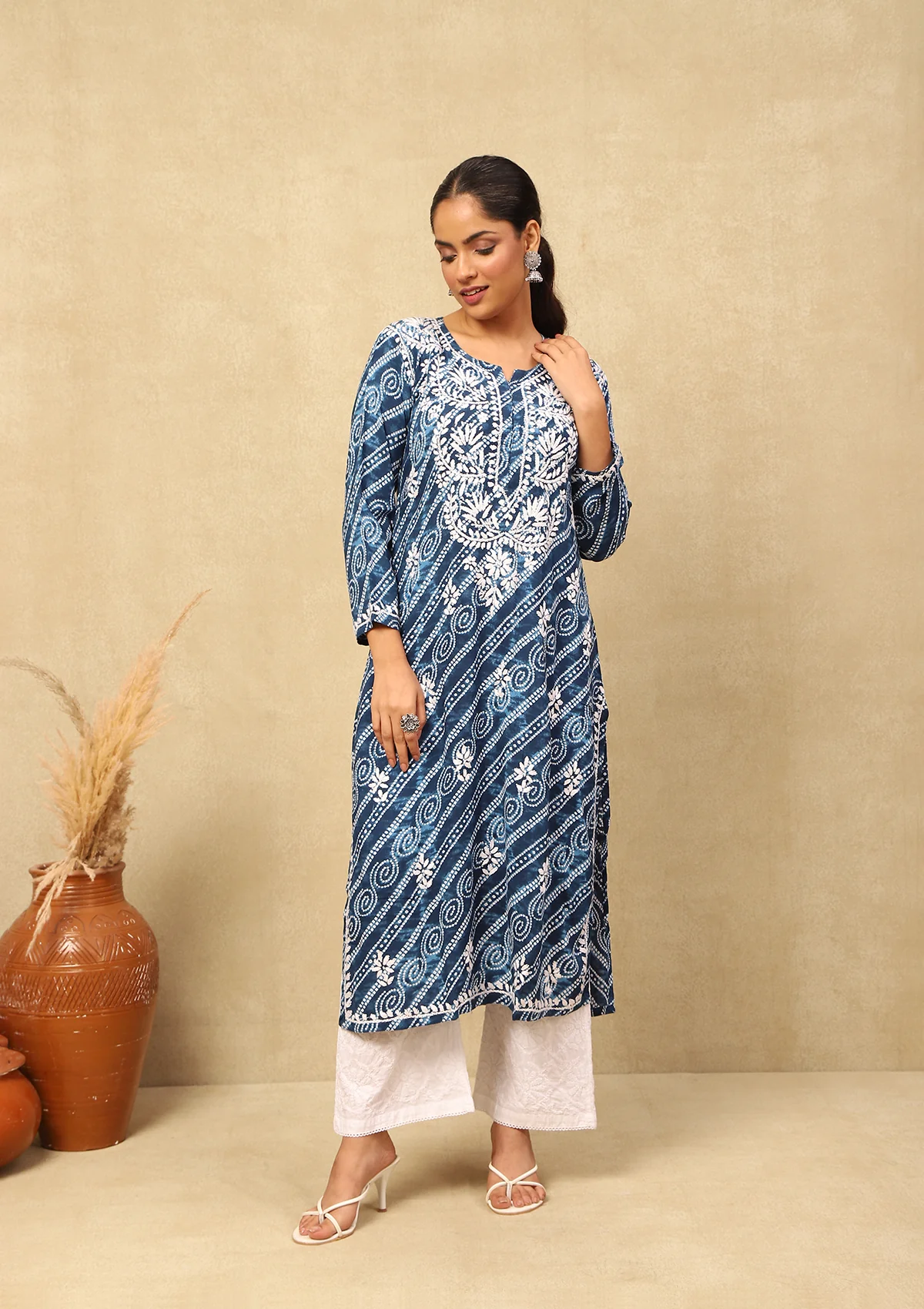 HOC Rayon Chikankari Bandhani Printed Women's Long Kurta-Blue - Healthber