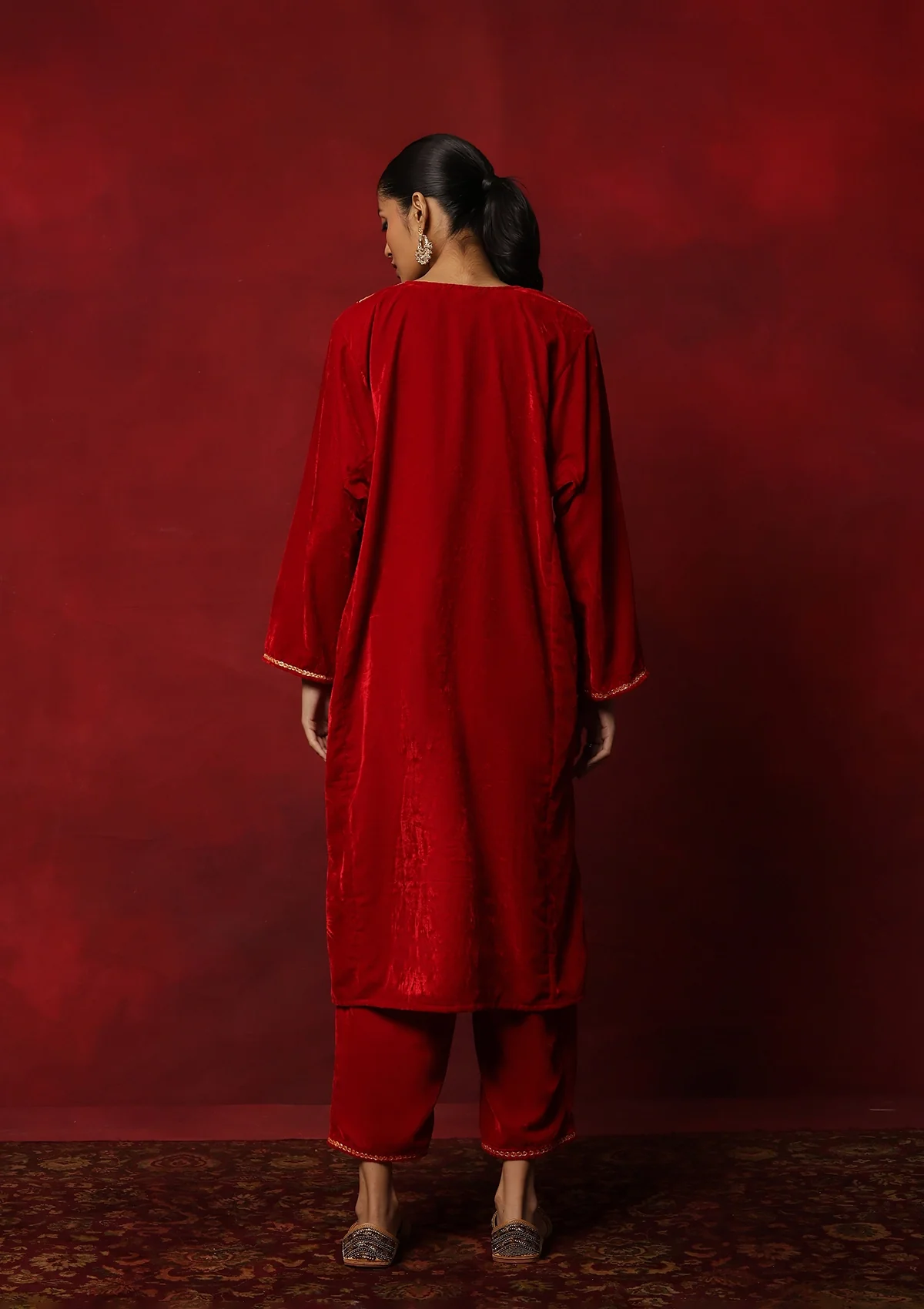 HOC Kashmiri Velvet Tilla Embroidered Solid Women's 2 PC Phiran Set -Red - Healthber