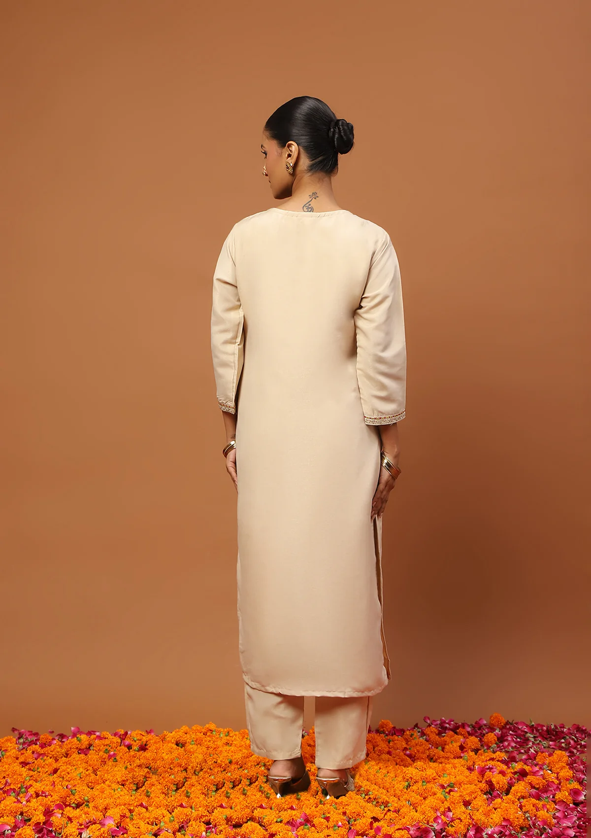 HOC Cotton Blend Embroidered With Sequin 3 PC Straight Kurta Set  C Beige - Healthber