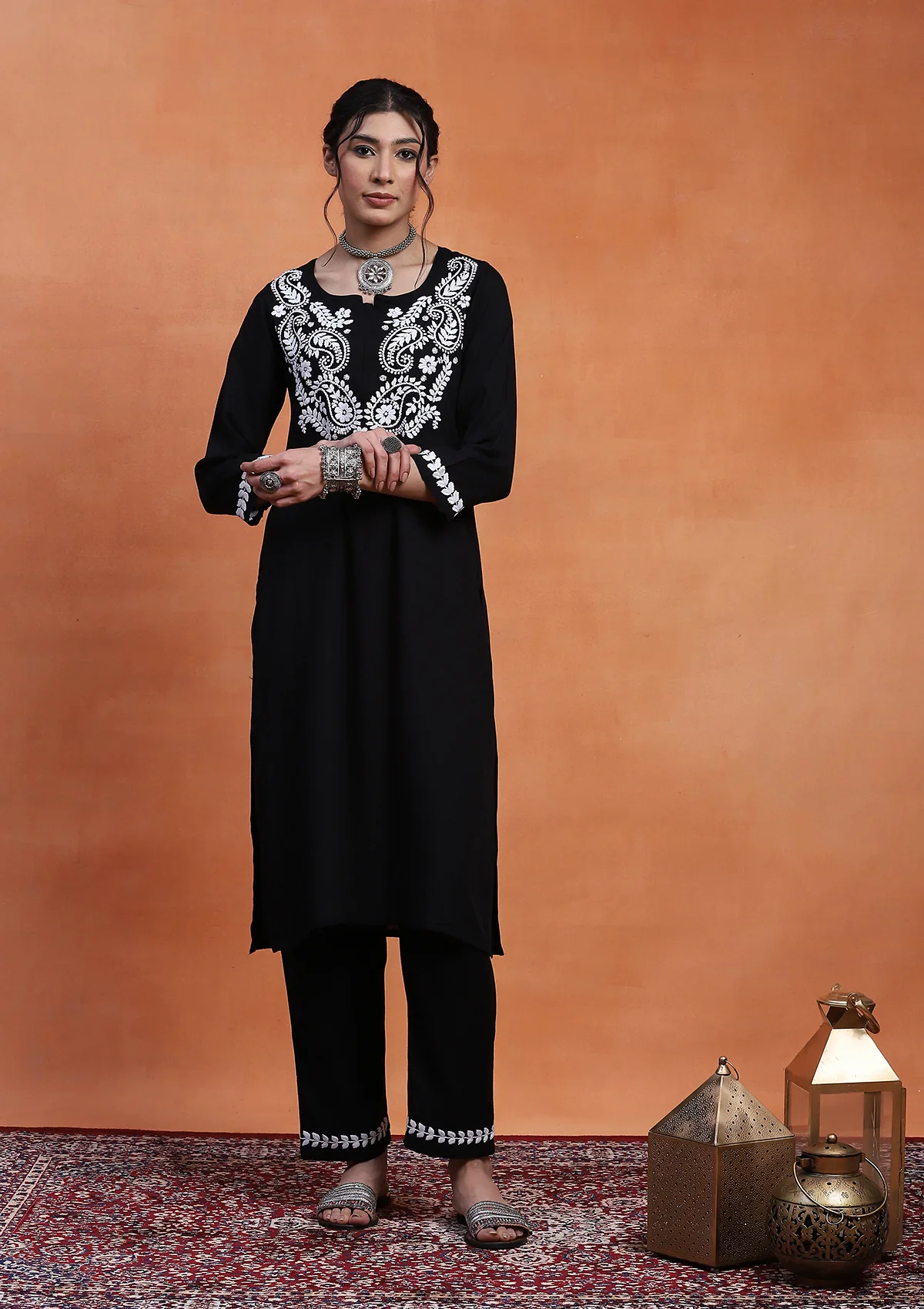 HOC Rubaab Chikankari Rayon Straight Kurta Set - Black - Healthber