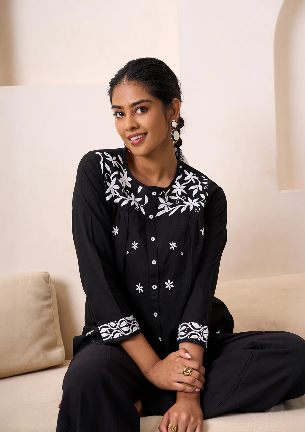 HOC Cotton Chikankari Solid Women's Shirt - Black - Healthber