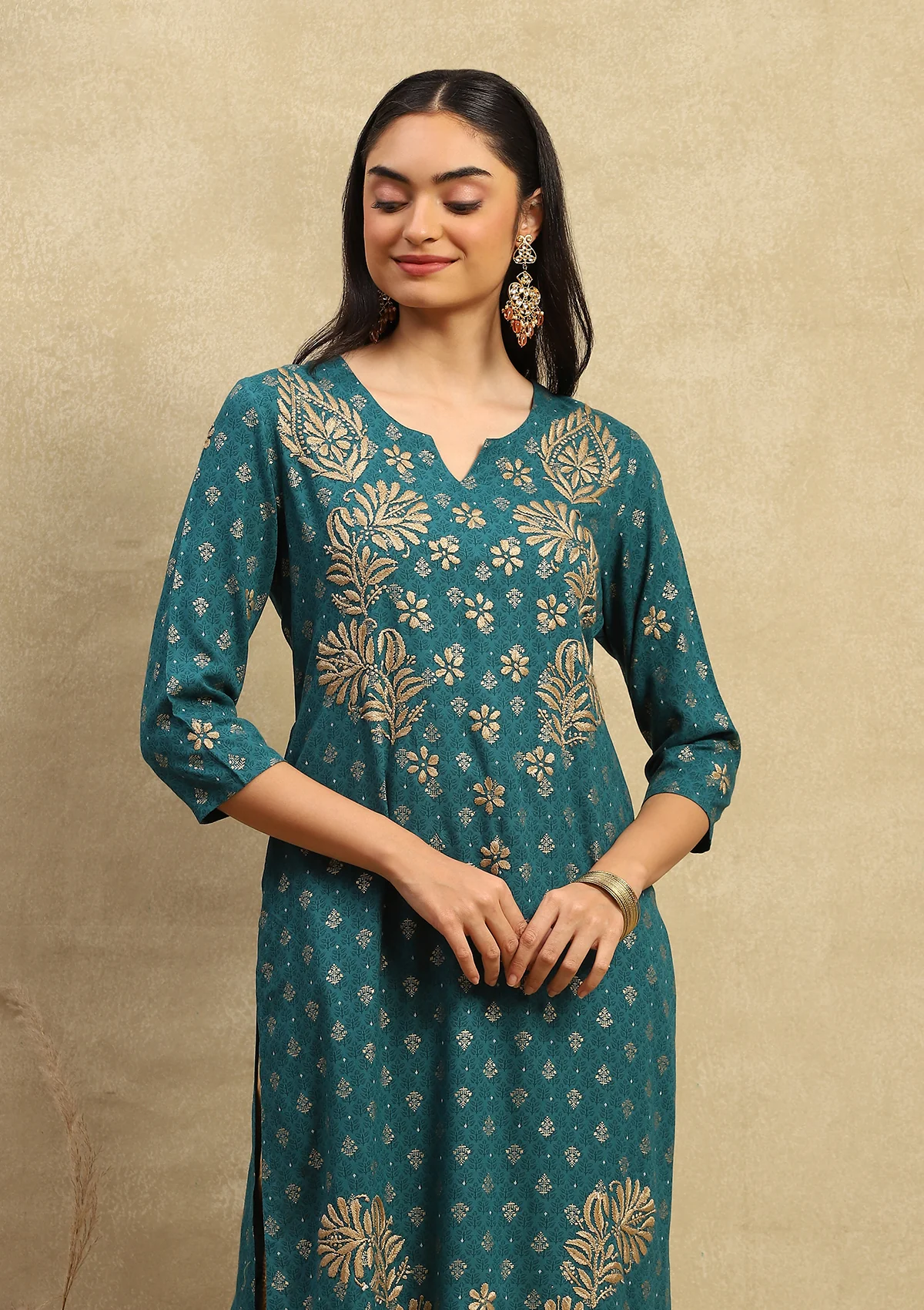 HOC Rayon Chikankari Printed Women's Long Kurta - Sea Green - Healthber
