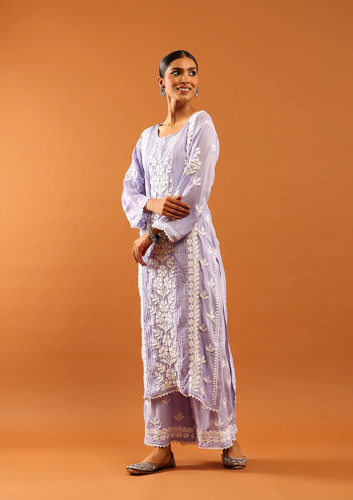 HOC Modal Chikankari Solid Women's 2 PC Long Kurta Set with Lace -Lavender - Healthber
