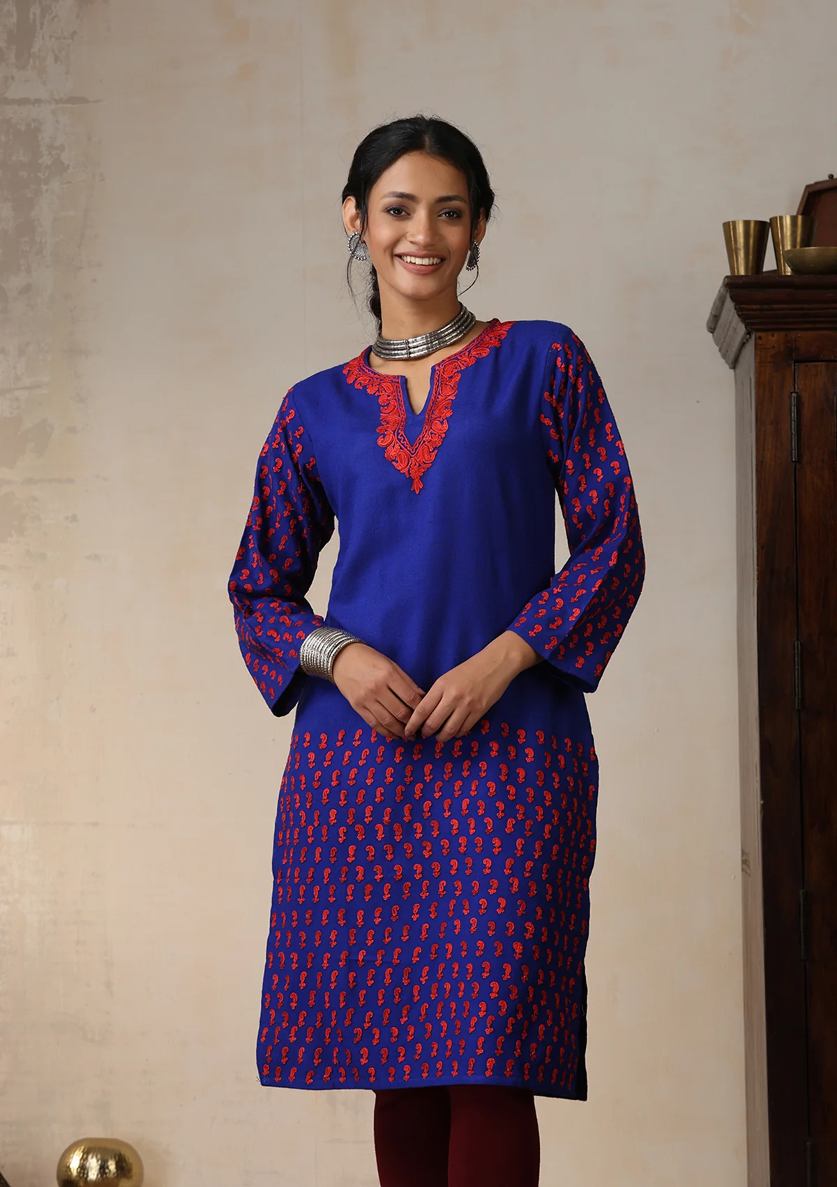 HOC Aari Embroidered Woollen Solid Women's Long Kurta - Royal Blue - Healthber