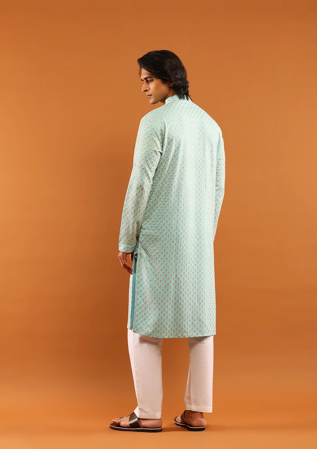 HOC Rayon Embroidered With Sequins Solid Men's Long Kurta- Aqua Blue - Healthber