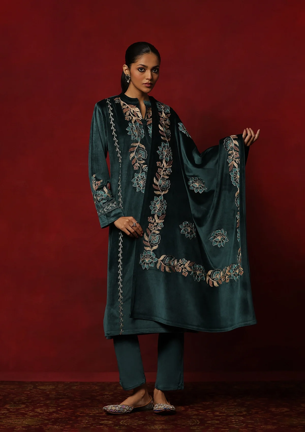 HOC Velvet Embroidered & Embellished Solid Women's 3 PC Kurta Set- Teal Green - Healthber