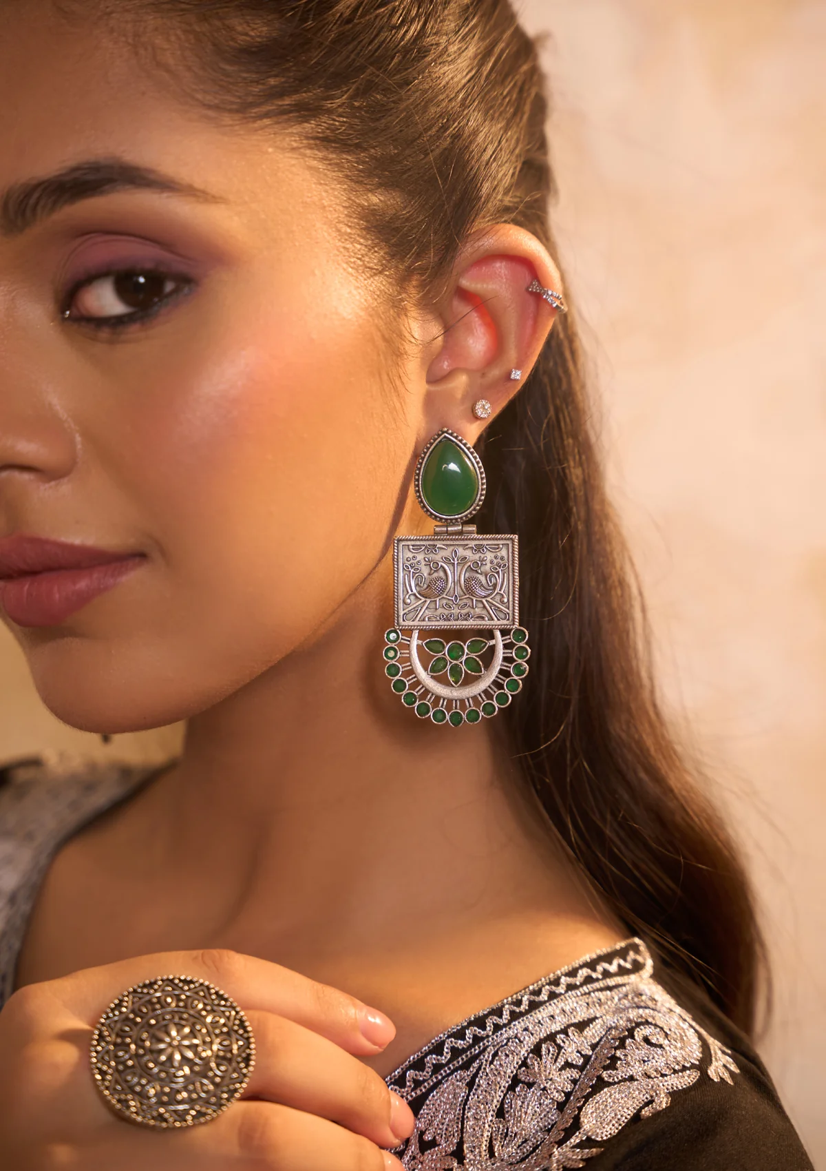 HOC Handcrafted Silver Tone Green Stone Earrings - Healthber