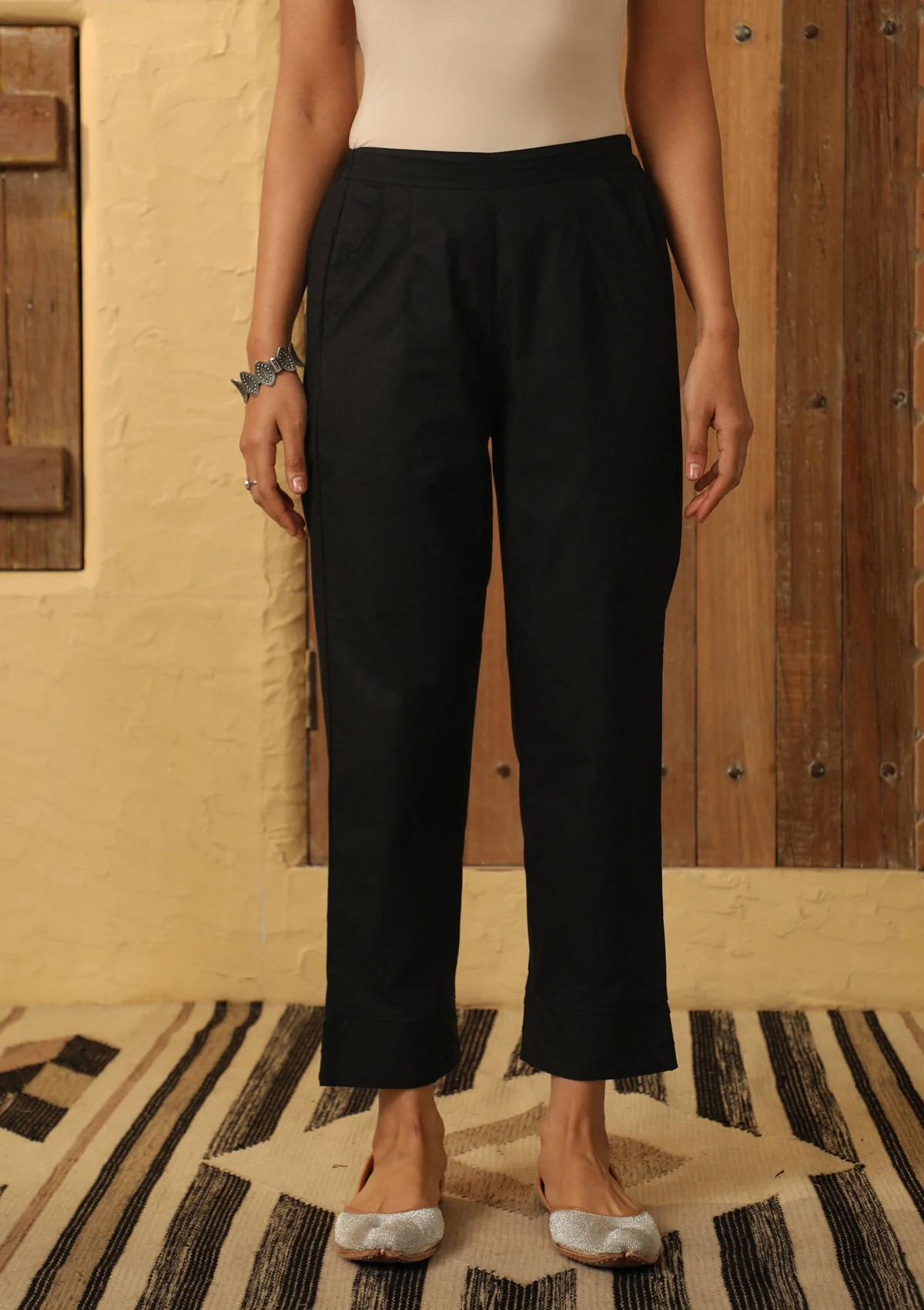 HOC Cotton Loom Pintex Solid Women's Pants - Black - Healthber