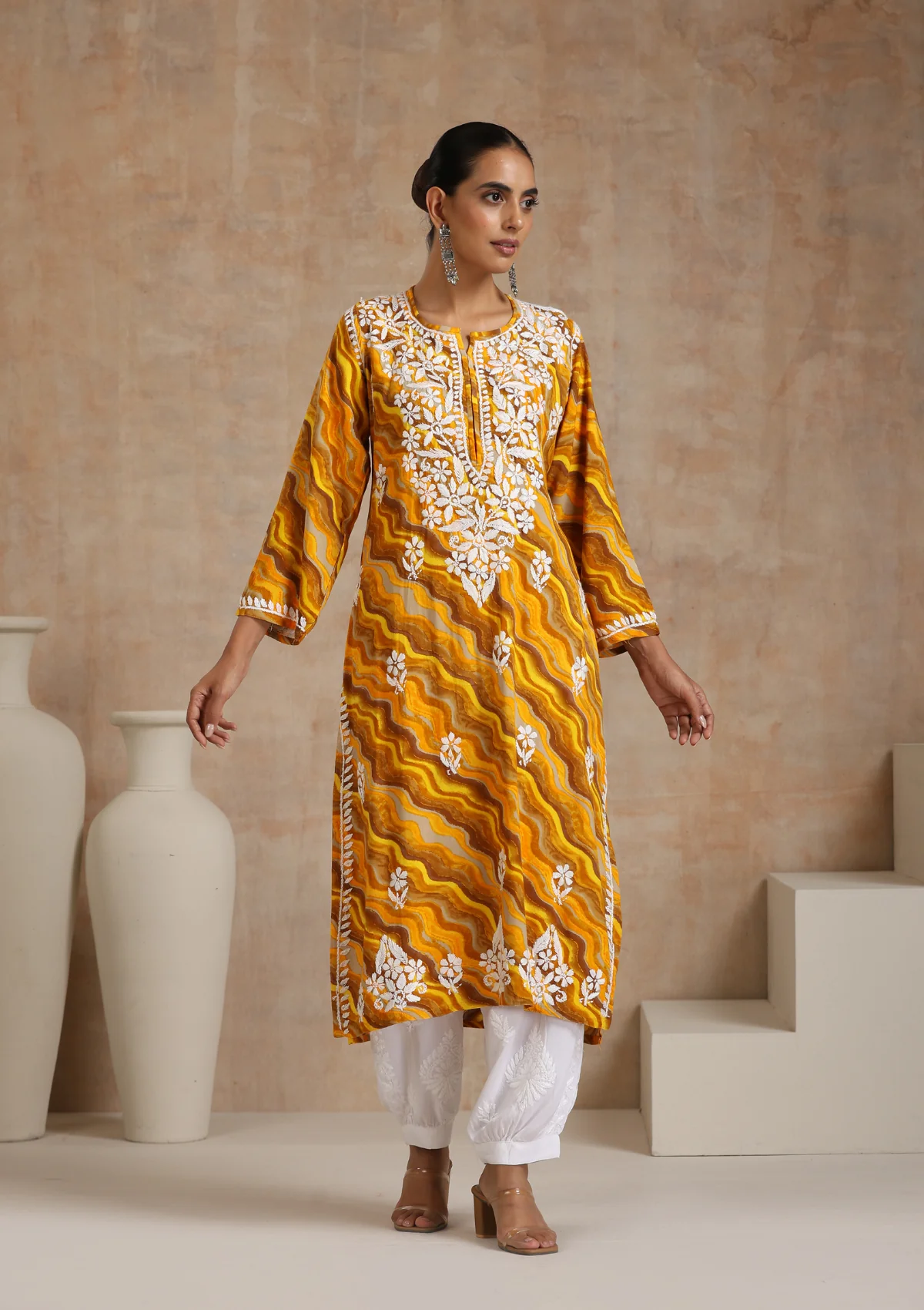 HOC Rayon Chikankari Printed Women's Long Kurta - Yellow - Healthber