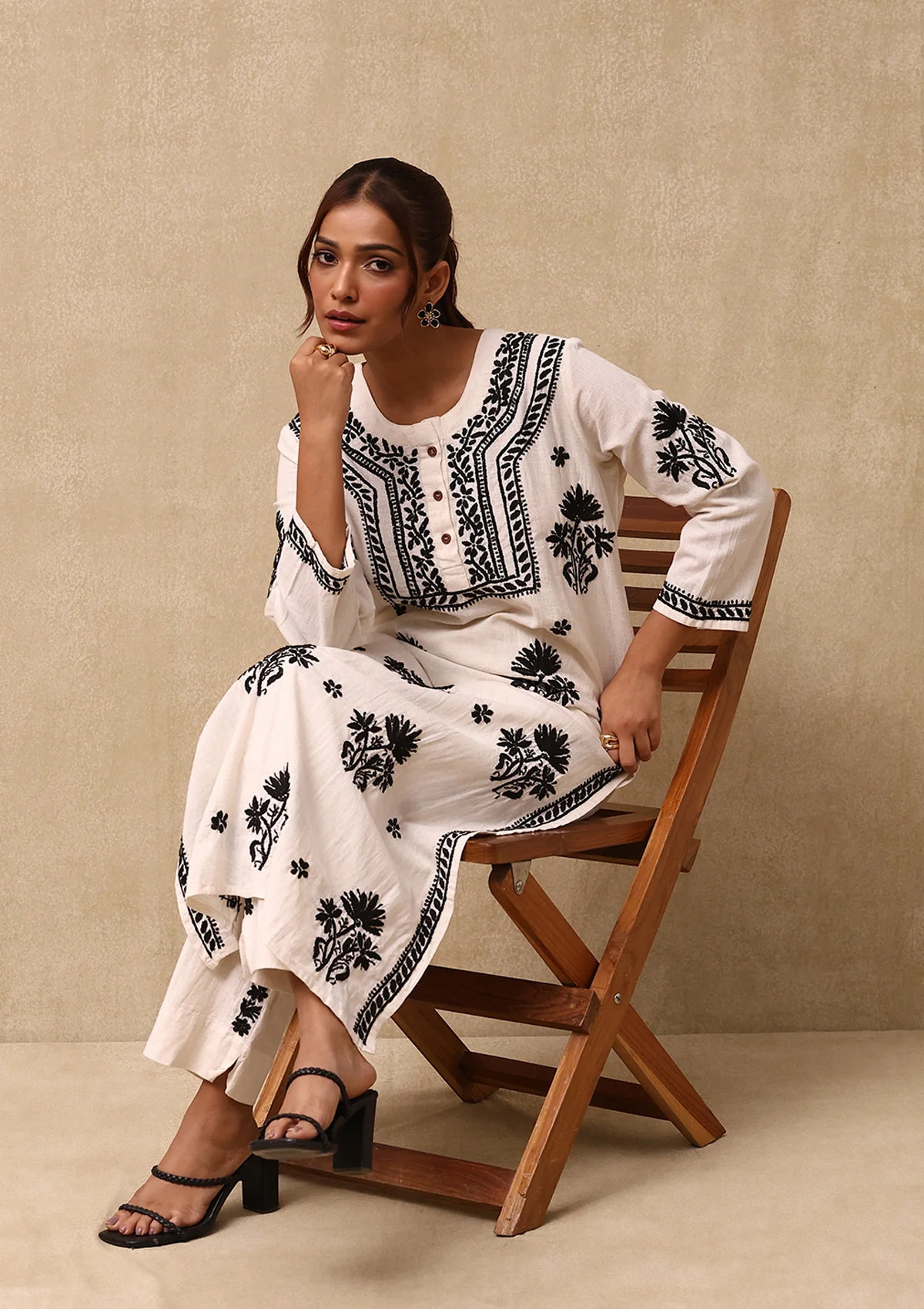 HOC Cotton Linen Blend Chikankari Solid Women's 2PC Long Kurta Set - Off White - Healthber