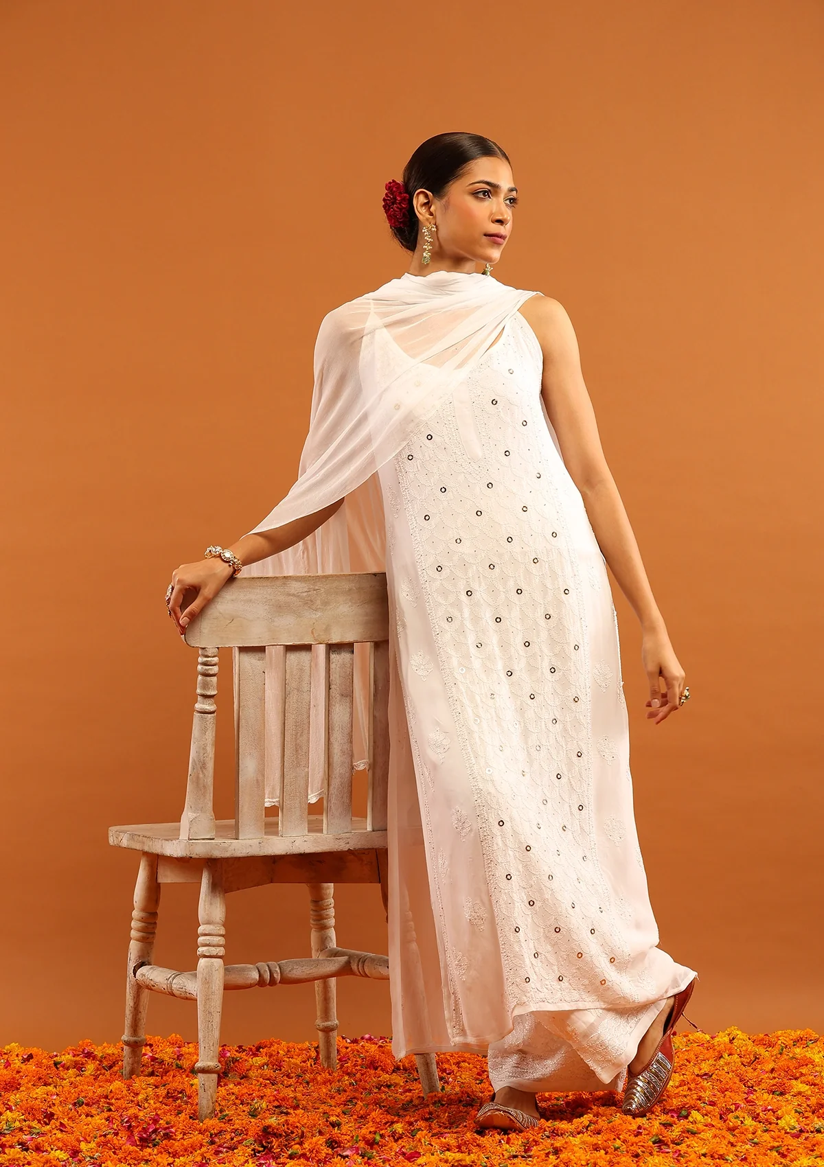 HOC Viscose Georgette Chikankari Mukaish & Kamdani Solid Women's 3 PC Long Kurta Set-White - Healthber