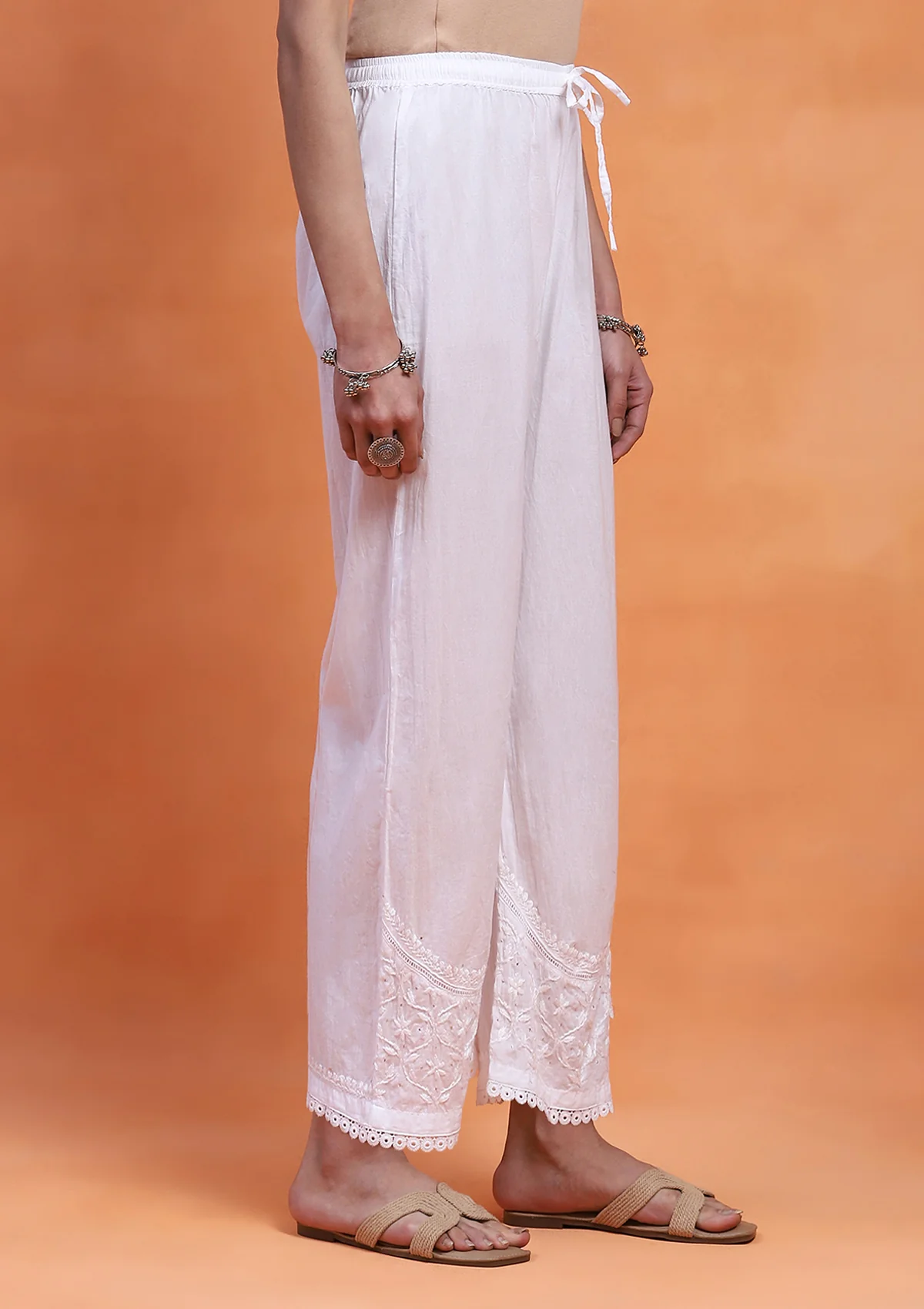 HOC Cotton Chikankari With Mukaish Solid Women's Palazzo - White - Healthber