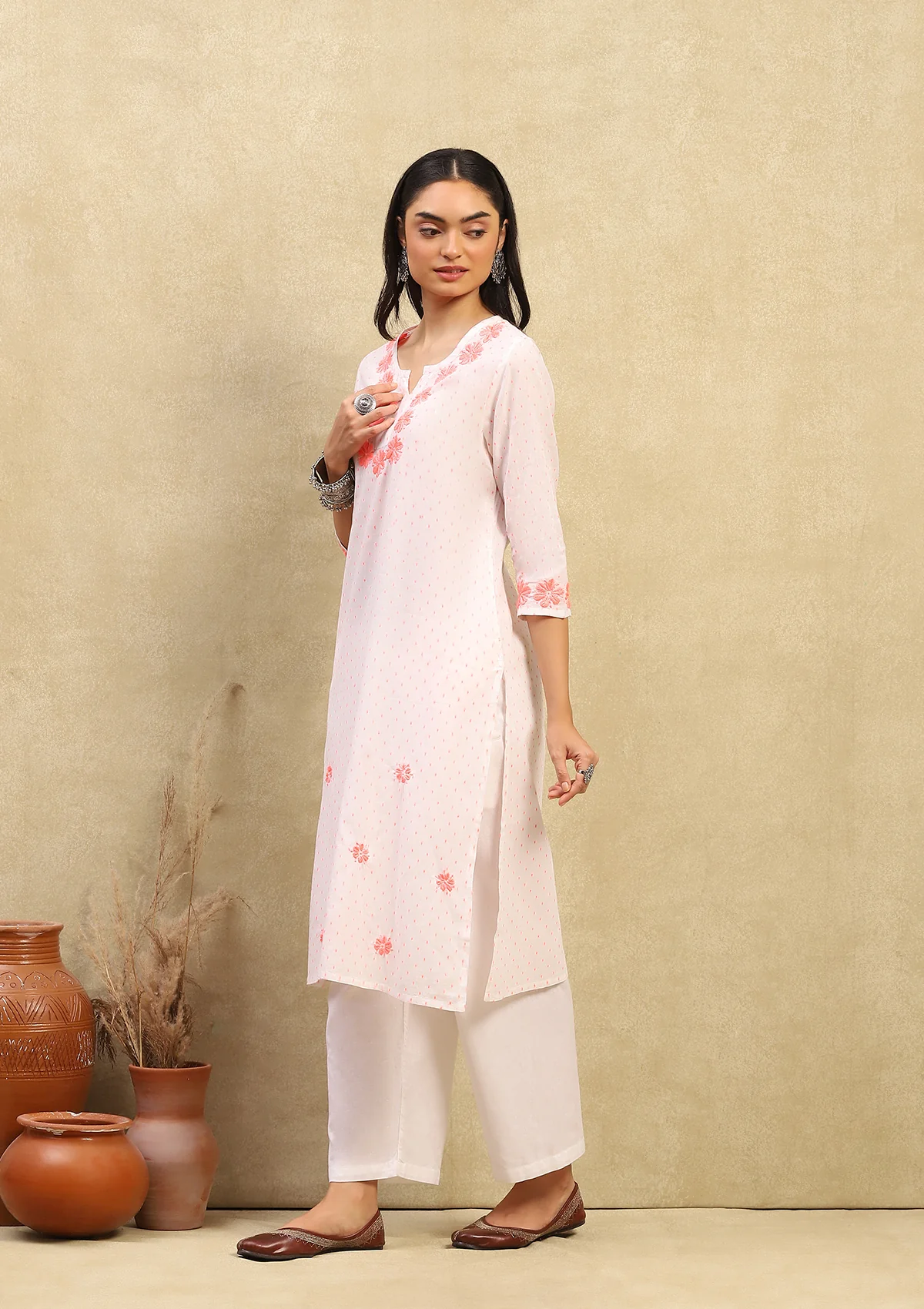 HOC Cotton Dobby Chikankari Solid Women's Long Kurta - Off White - Healthber
