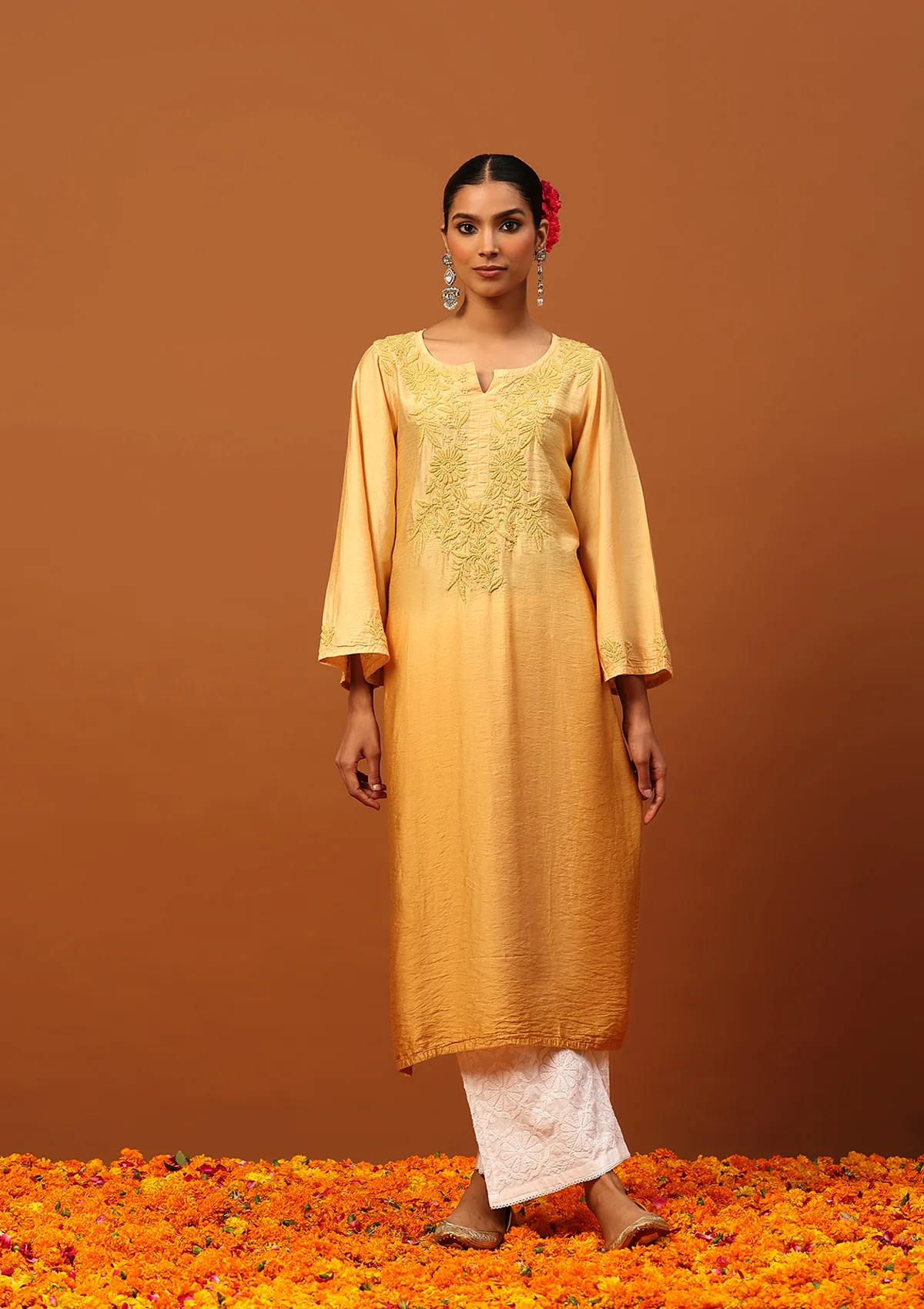 HOC Chanderi Chikankari Ombre Women's Long Kurta -Yellow - Healthber