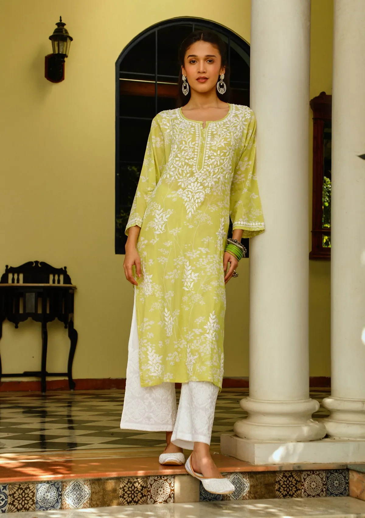 HOC Zainab Chikankari Mulmul Printed Straight Kurta -Green - Healthber