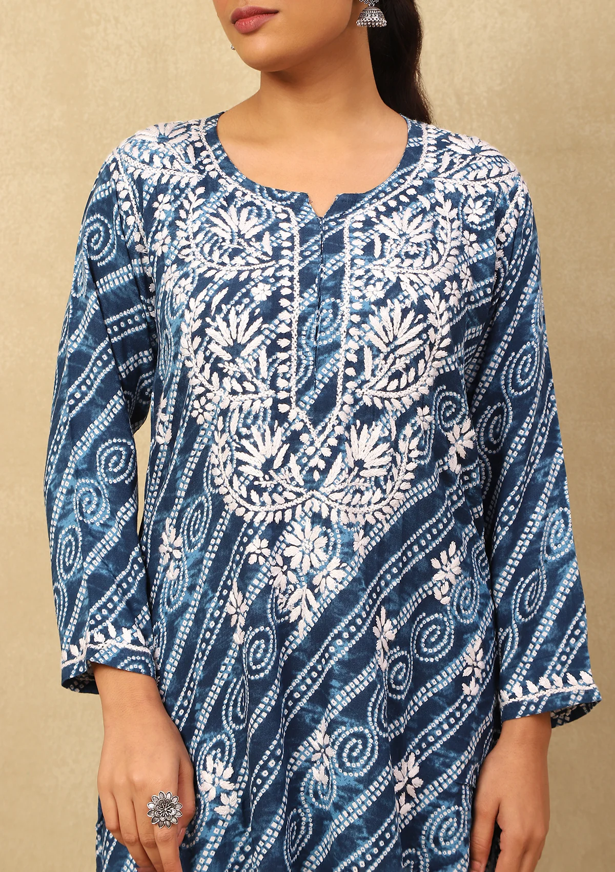 HOC Rayon Chikankari Bandhani Printed Women's Long Kurta-Blue - Healthber