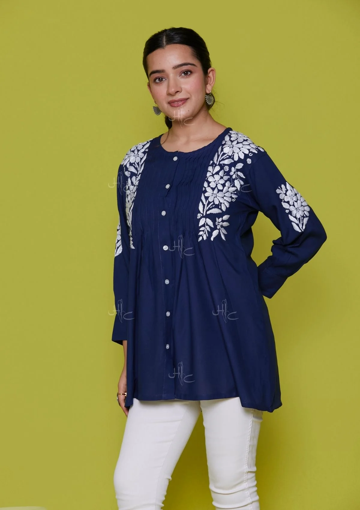 HOC Rayon Chikankari Solid Women's Shirt - Navy Blue - Healthber