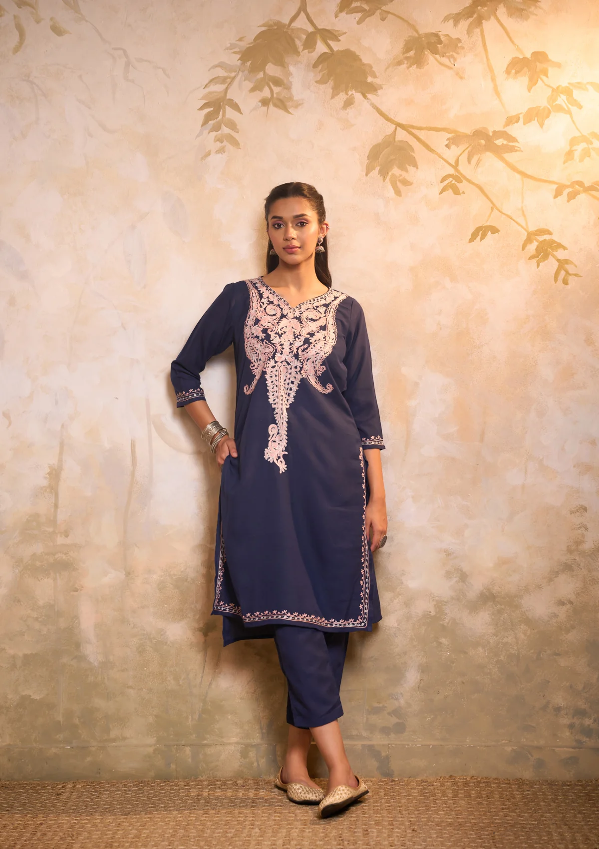 HOC Cotton Embroidered Aari With Zari Work Solid Women's 2 PC Long Kurta Set - Navy Blue - Healthber
