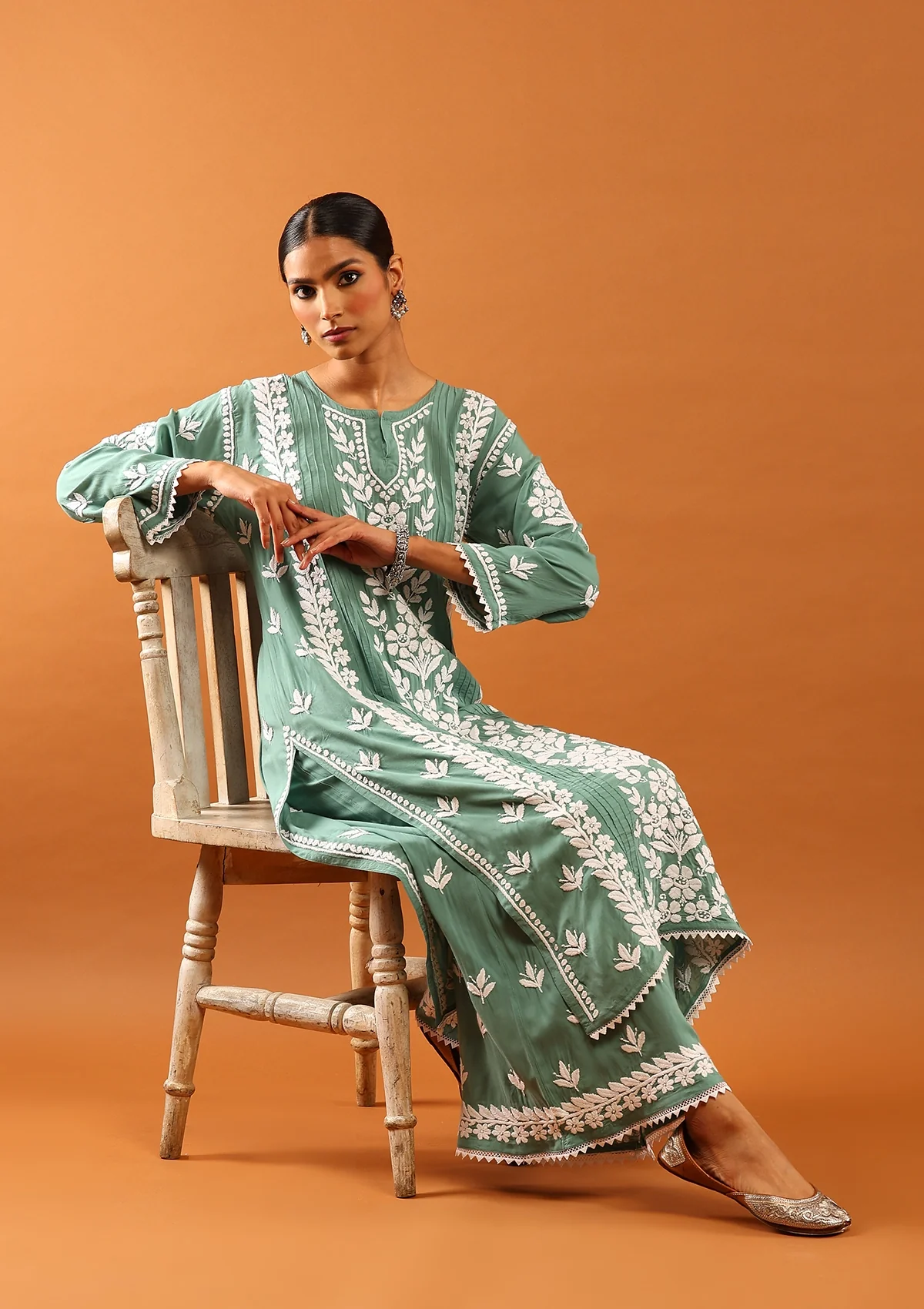 Modal Chikankari Solid Women's 2 PC Long Kurta Set with Lace -Green - Healthber
