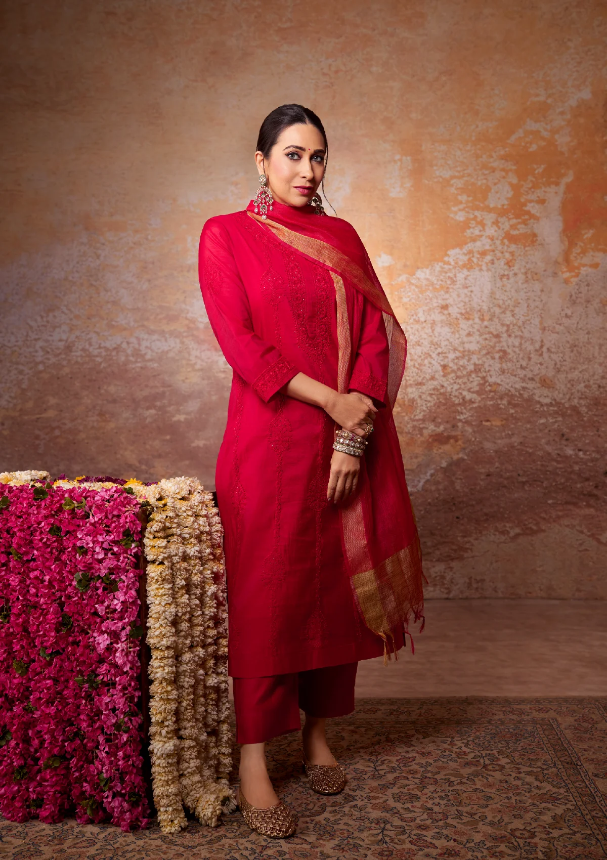 Karisma Chanderi Chikankari Solid Women's 4 PC Long Kurta Set with dupatta - Red - Healthber