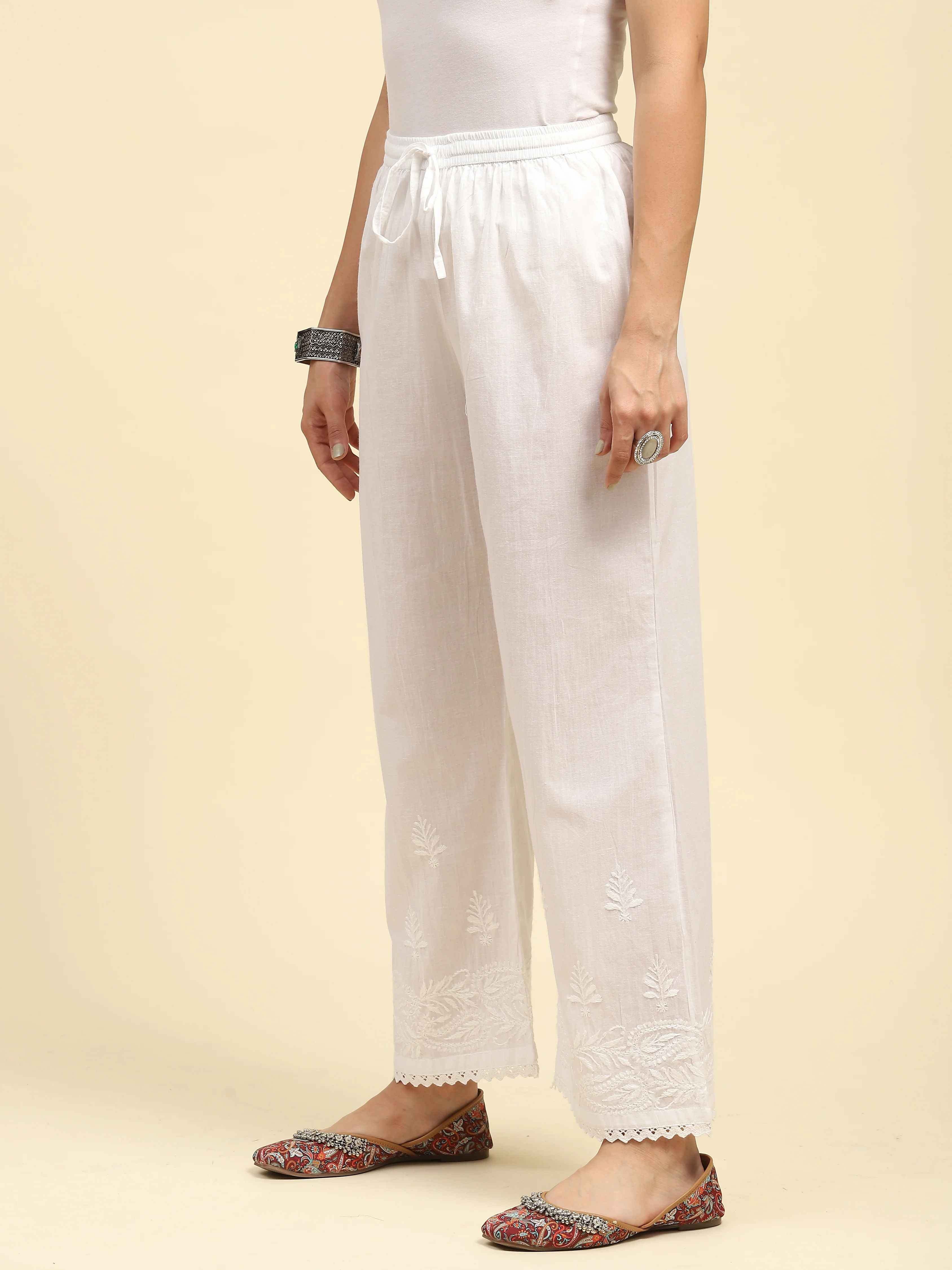 HOC Cotton Chikankari Solid Women's Palazzo - White - Healthber