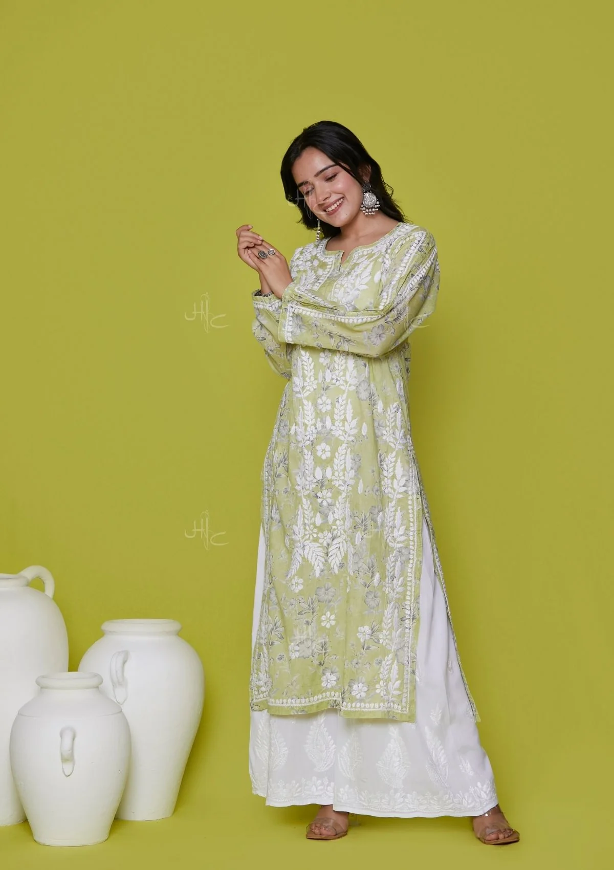 HOC Mulmul Chikankari Printed Women's Long Kurta - Green - Healthber