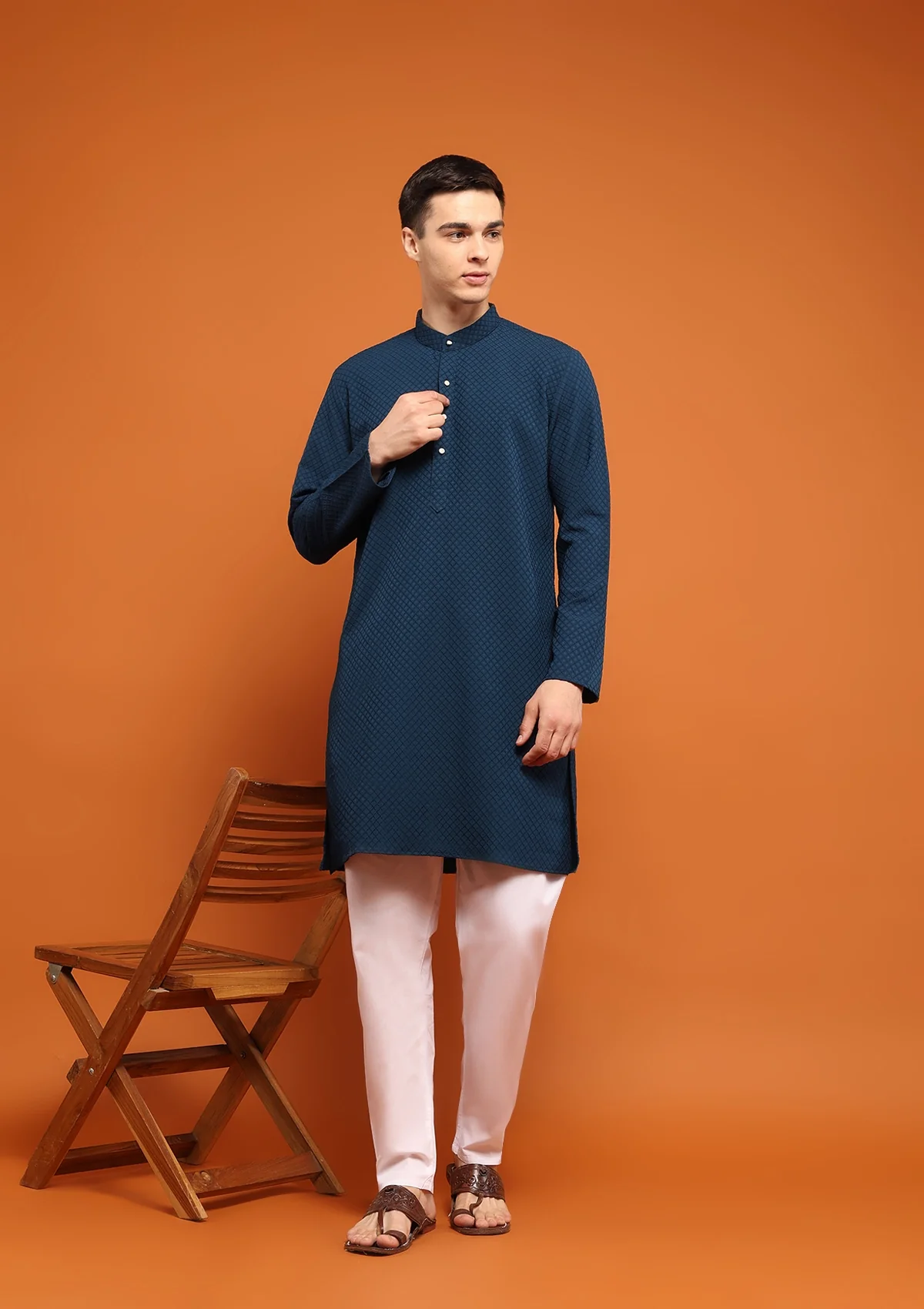 HOC Dobby Textured Solid Men's Long Kurta - Navy Blue - Healthber