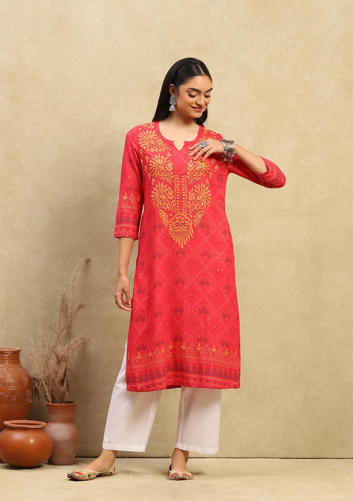 HOC Rayon Dobby Chikankari Printed Women's Long Kurta - Dark Pink - Healthber