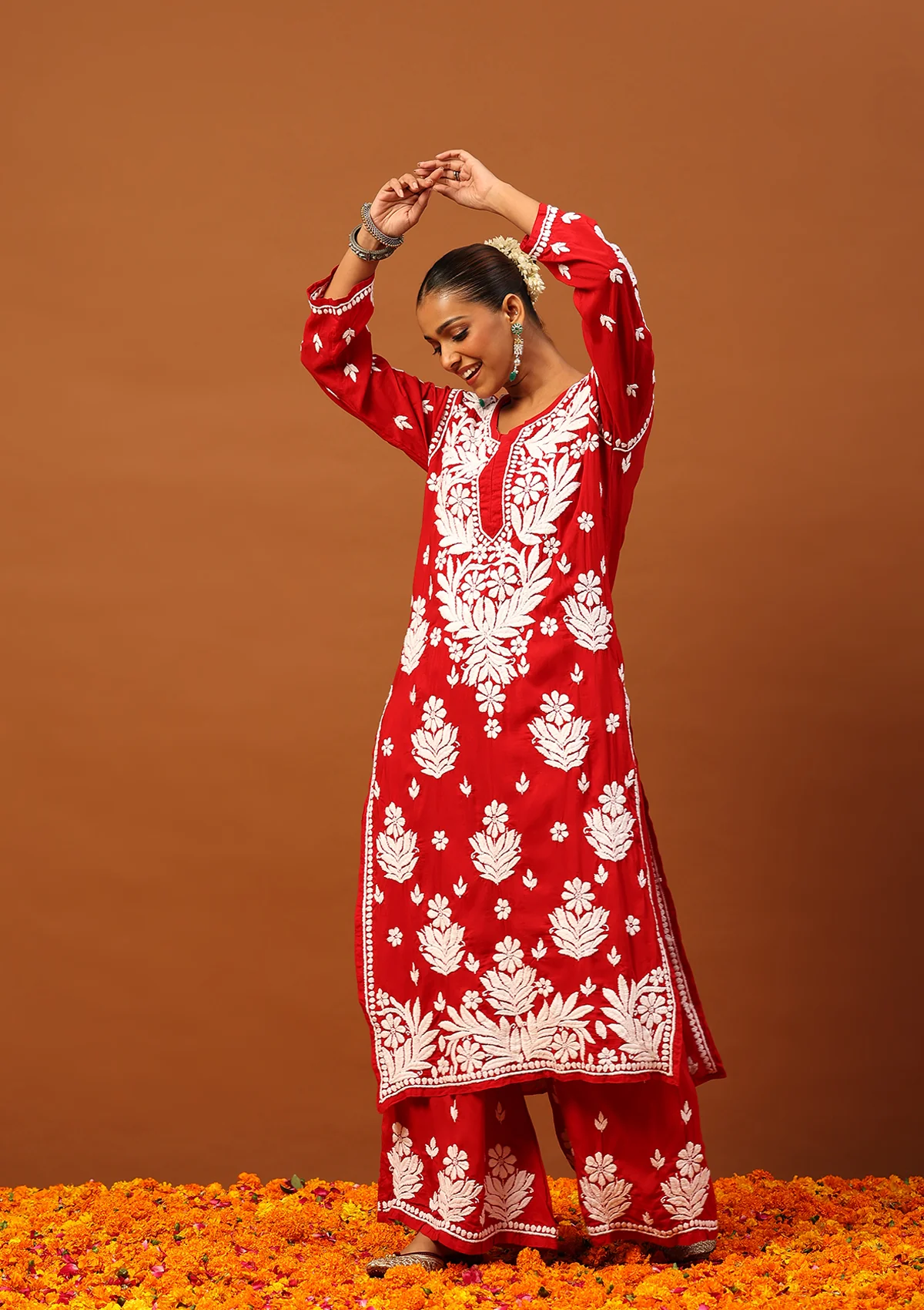 HOC Modal Chikankari Solid Women's 2 PC Long Kurta Set -Red - Healthber