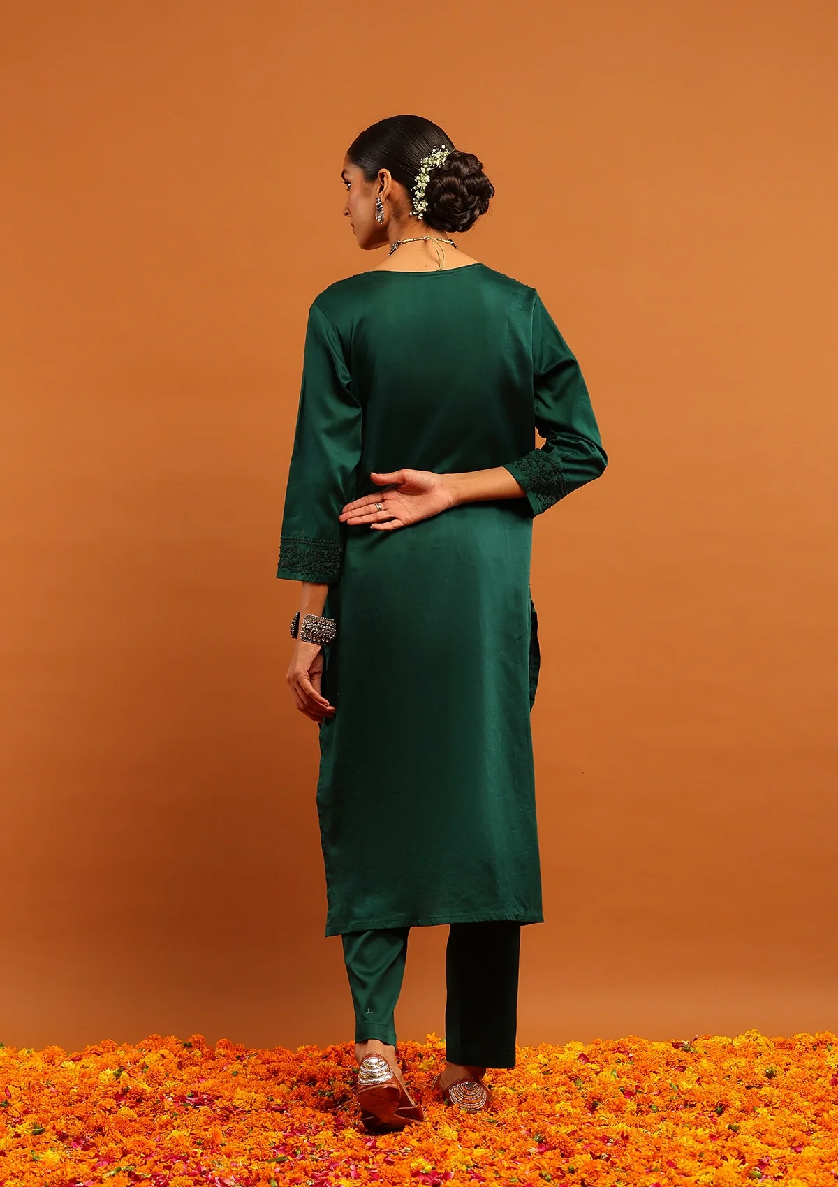 HOC Jaam Silk Chikankari Solid Women's 2 PC Long Kurta Set - Bottle Green - Healthber