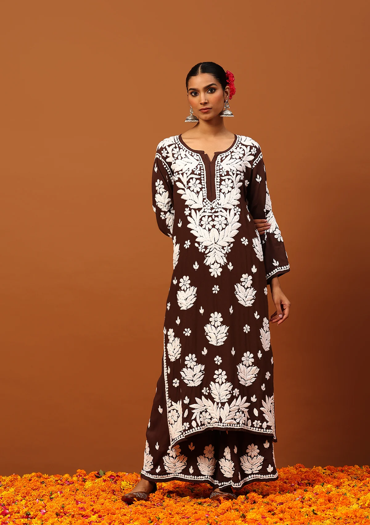 HOC Modal Chikankari Solid Women's 2 PC Long Kurta Set -Brown - Healthber