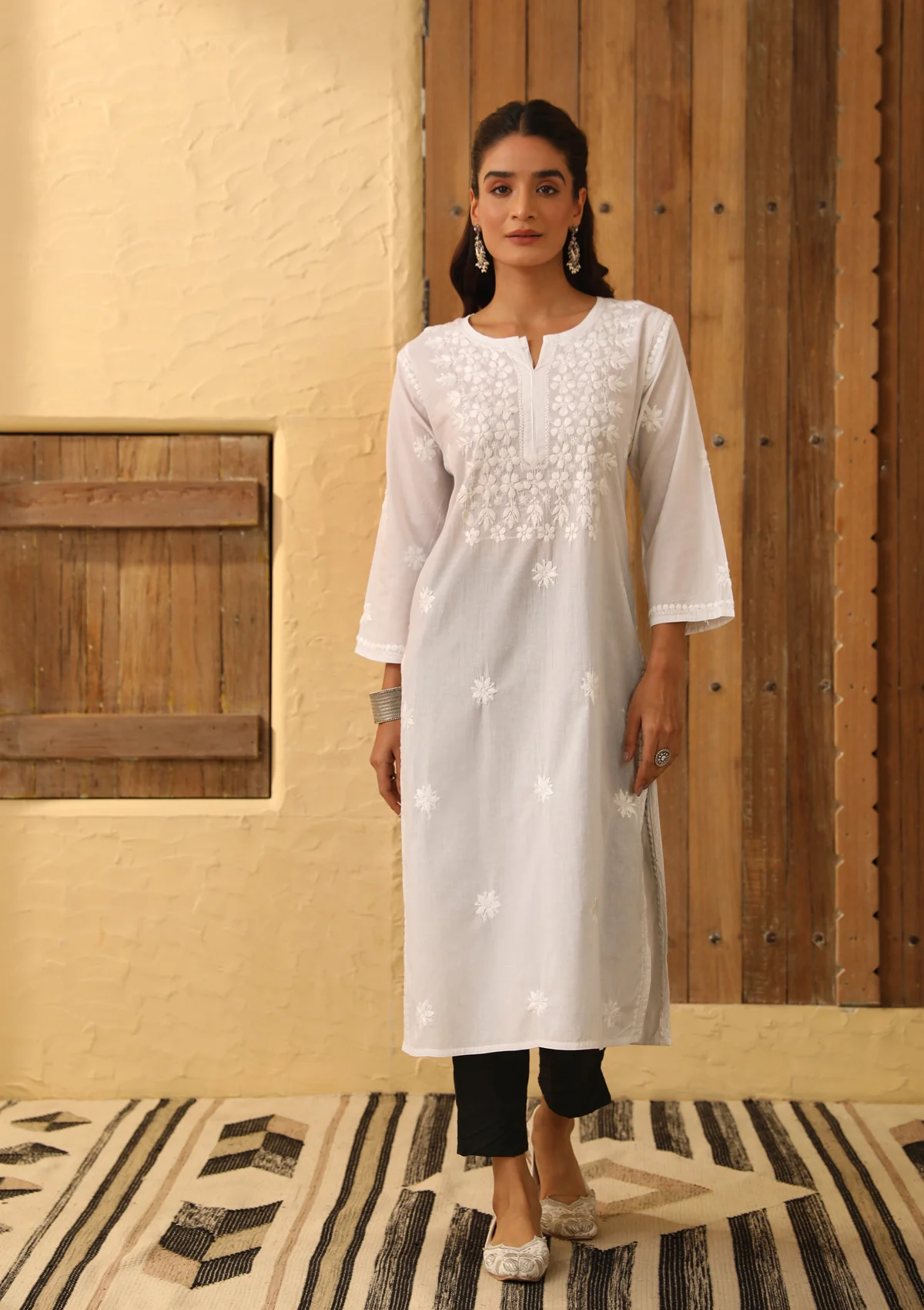 HOC Cotton Chikankari Solid Women's Long Kurta - White - Healthber