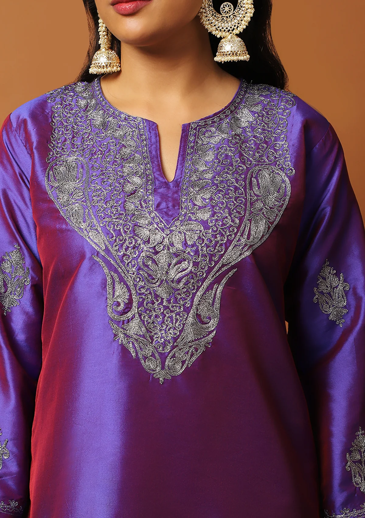 HOC Art Silk Embroidered Zari Solid Women's 2 PC Knee Length Kurta Set - Purple - Healthber