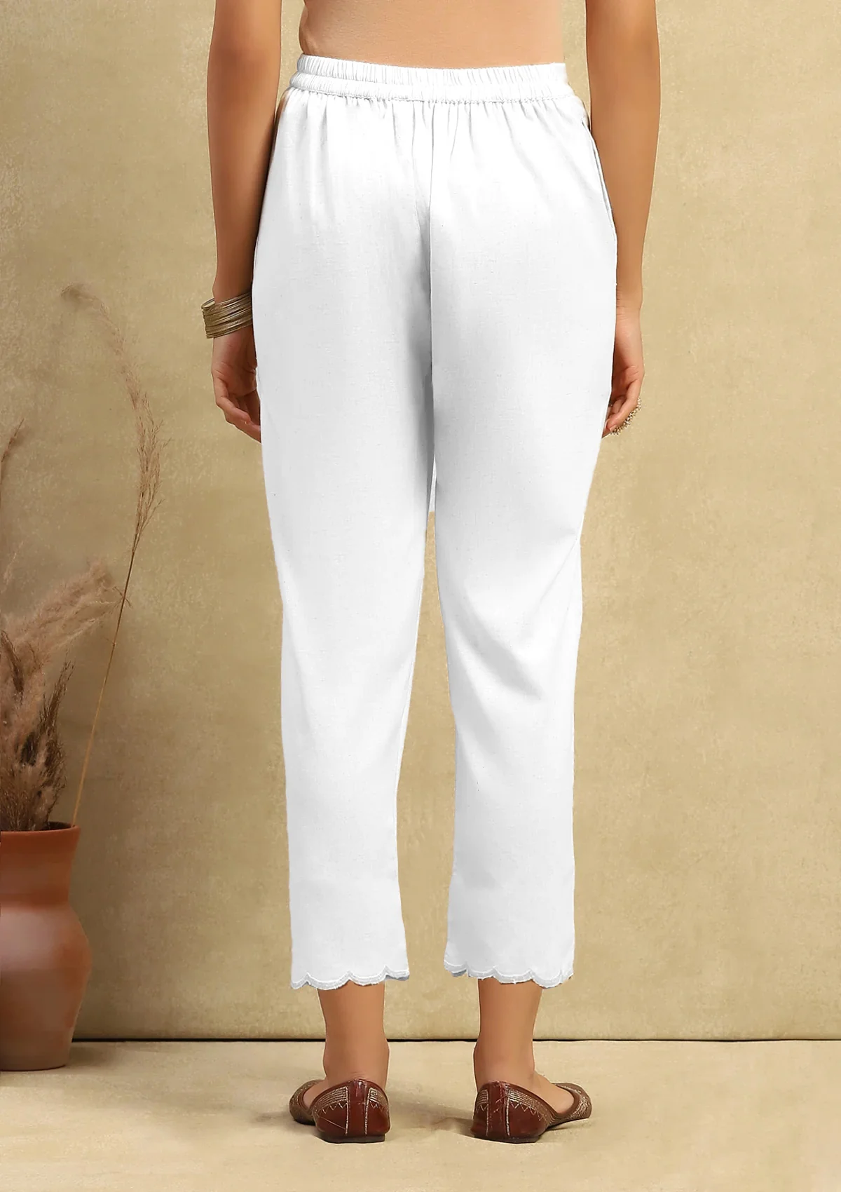 HOC Cotton Women's Solid Scalloped Pant- White - Healthber