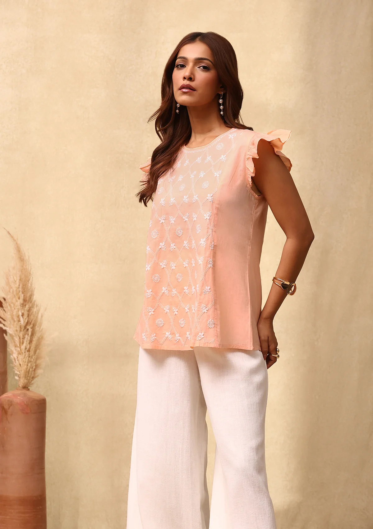 HOC Cotton Chikankari Solid Women's Top - Peach - Healthber