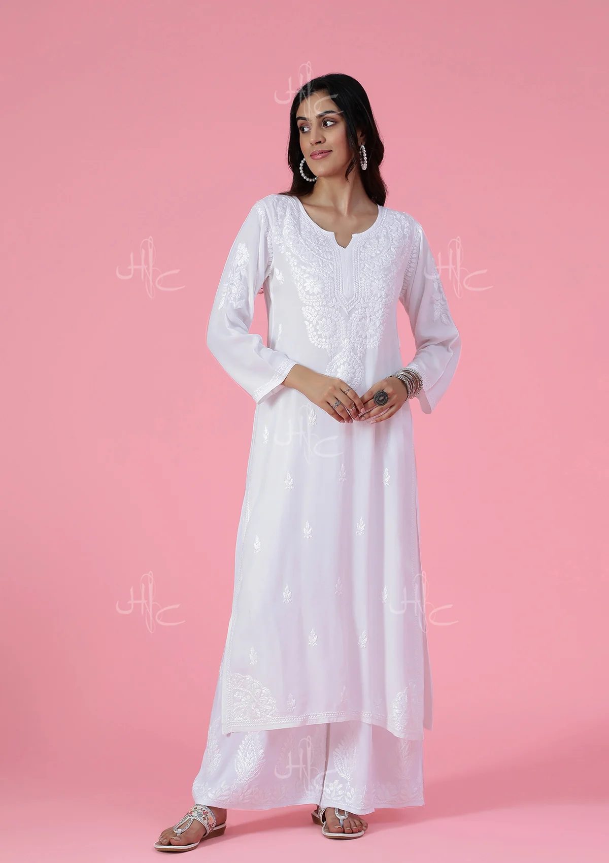 HOC Rayon Chikankari Solid Women's Long Kurta - White - Healthber
